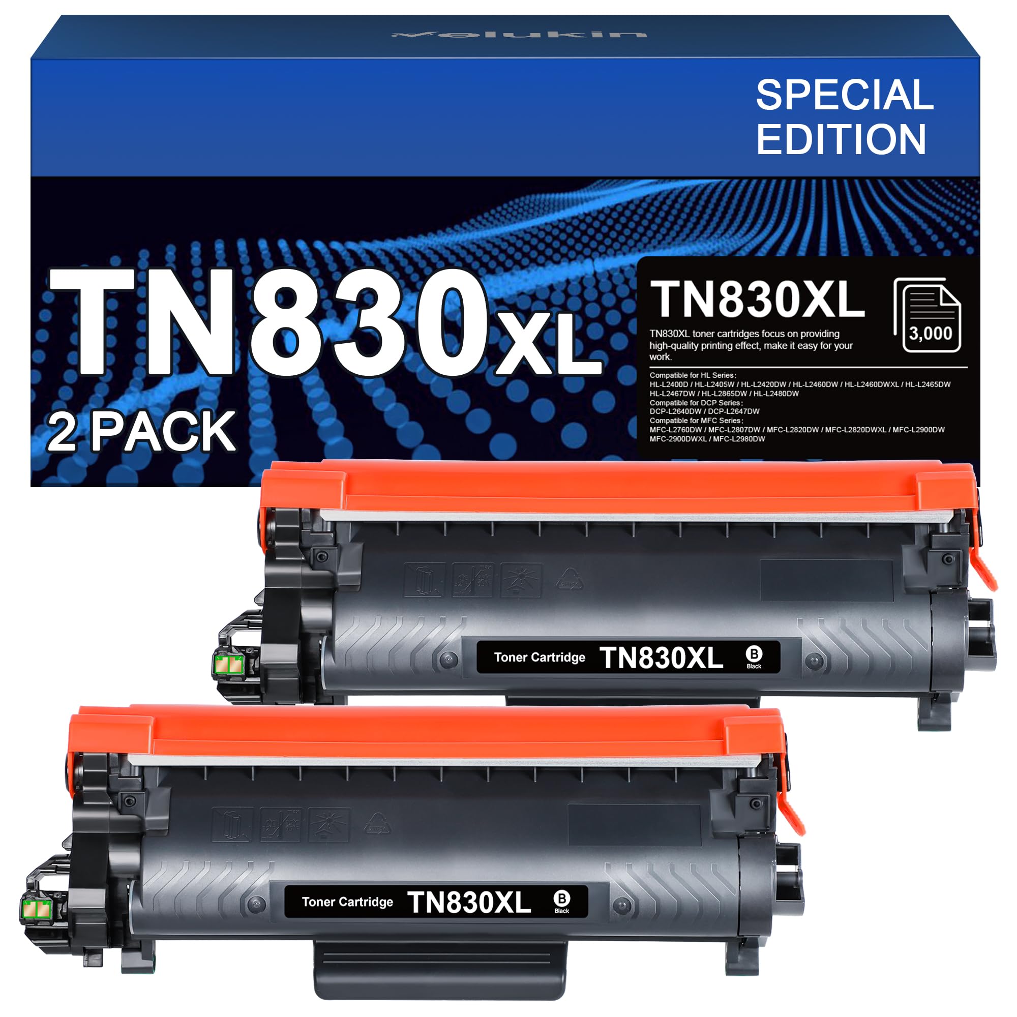 TN830XL Toner Cartridge for Brother Printer TN830XL - Replacement for Brother TN-830XL TN830 TN-830 to use with HL-L2460DW DCP-L2640DW HL-L2405W HL-L2400D HL-L2480DW MFC-L2820DW (2 Black, with Chip)