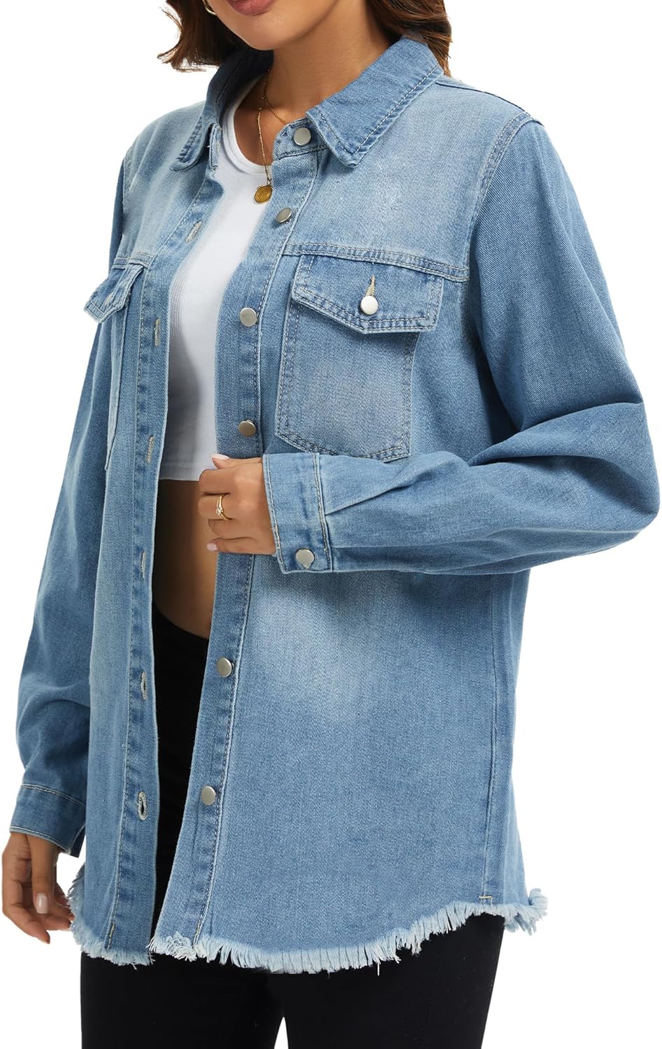 Women's Oversized Jean Jacket Casual Long Sleeve Denim Shirts Distressed Frayed Hem Denim Jackets Fall Outfits 2025 - Image 3