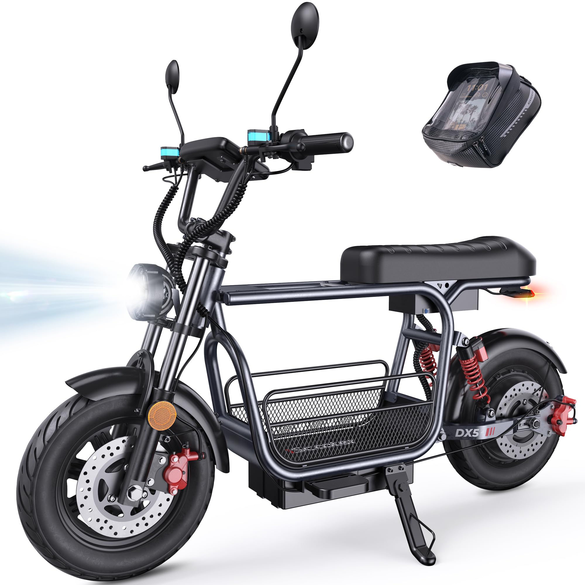 iScooter DX5 Electric Scooter with a rider, highlighting key features like 1500W motor, 748.8Wh battery, 9 inch LCD, 45 miles range, 35 MPH top speed, and 330 lbs max load.