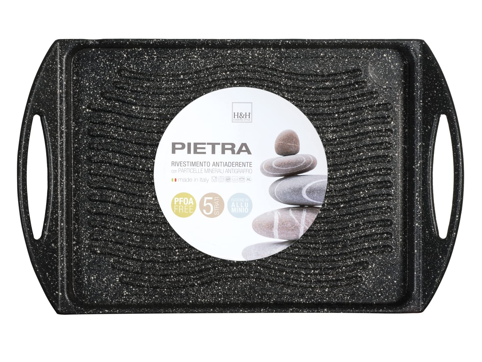 H&H Piastra Rigata Antiaderente Pietra 34X26 Pentole E Preparazione Cucina, Antracite, 34 cm