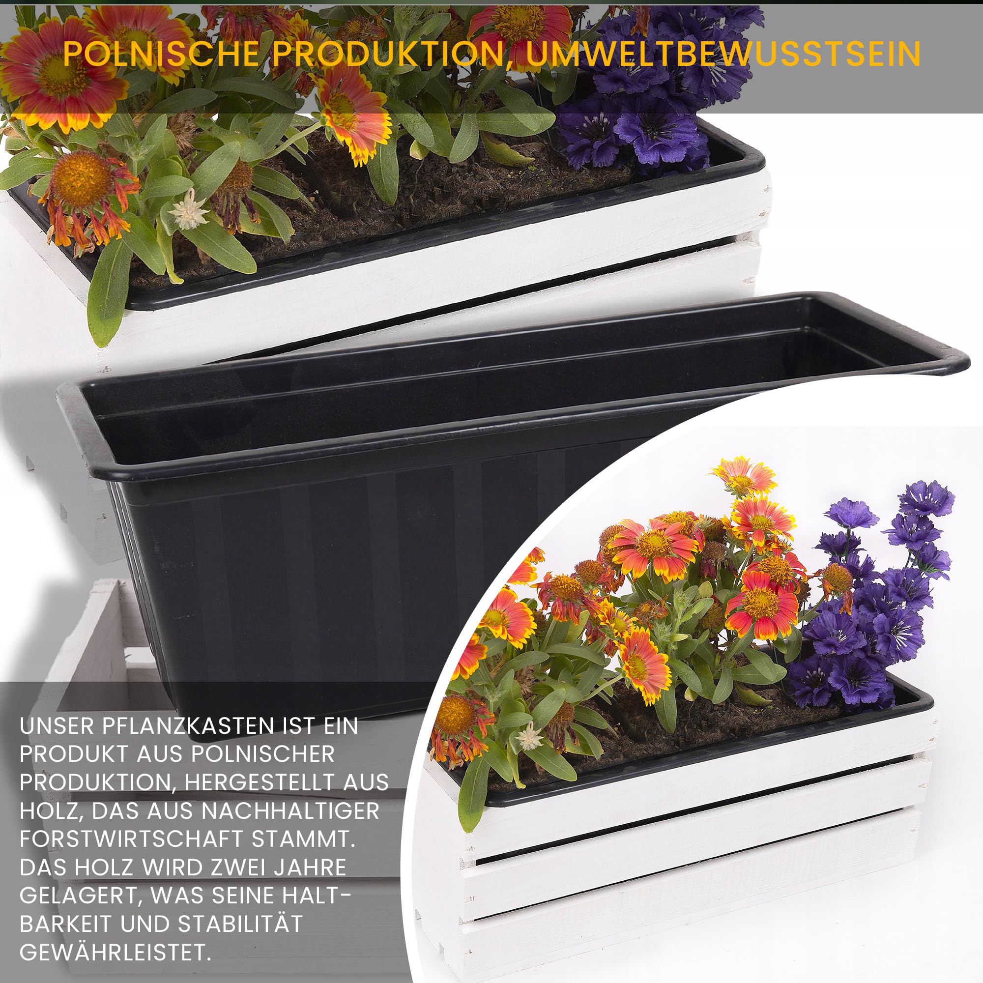 ECODECO Cassetta di Legno per Piante - Fioriera da Esterno con Inserto in Plastica - Vaso Rettangolare 18x40x15 cm per Balcone e Giardino - Contenitore Robusto Bianco
