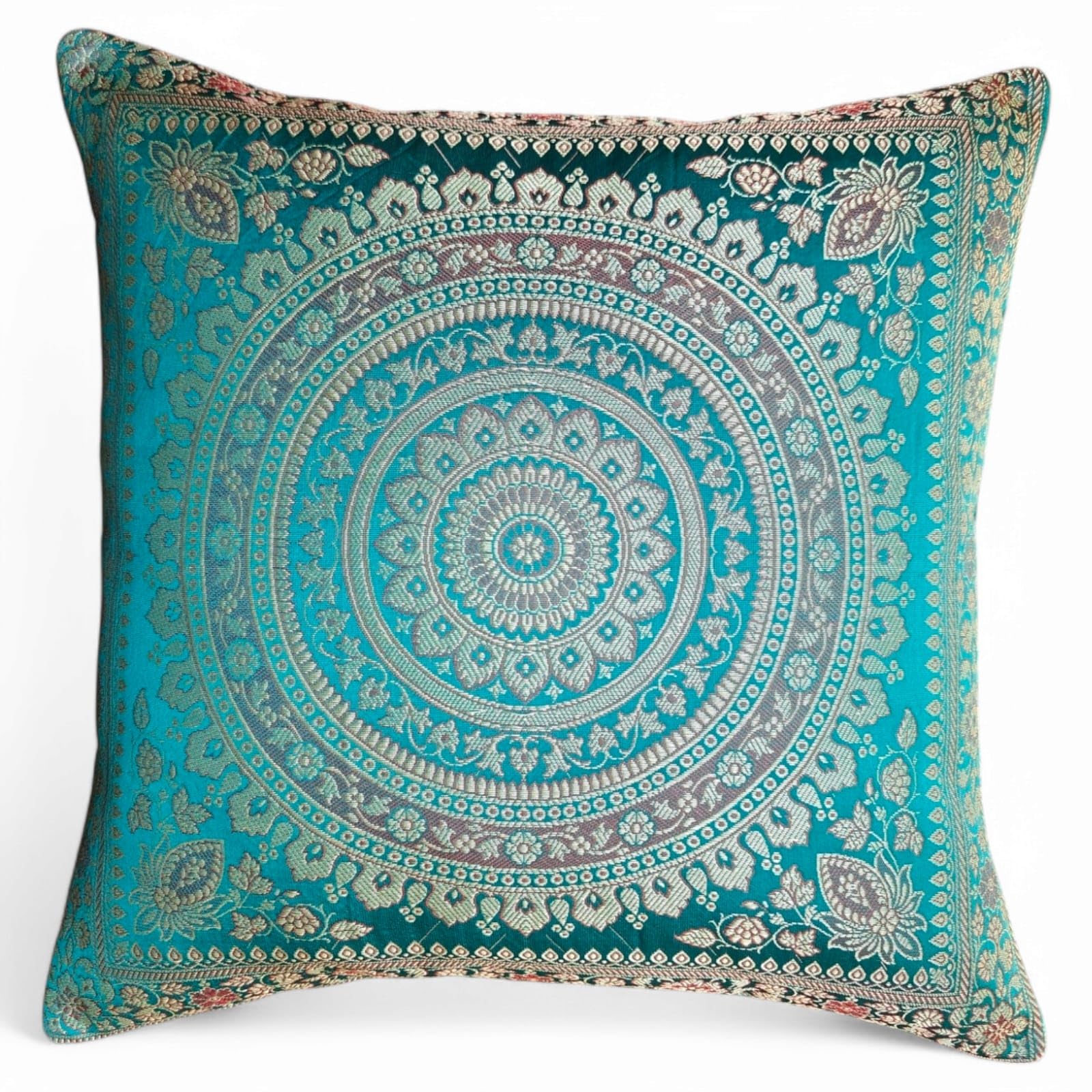 Original Kikan Indian patchwork mandala sari ethnic silk Banarsi cushion covers mandala 16"x16" (teal)