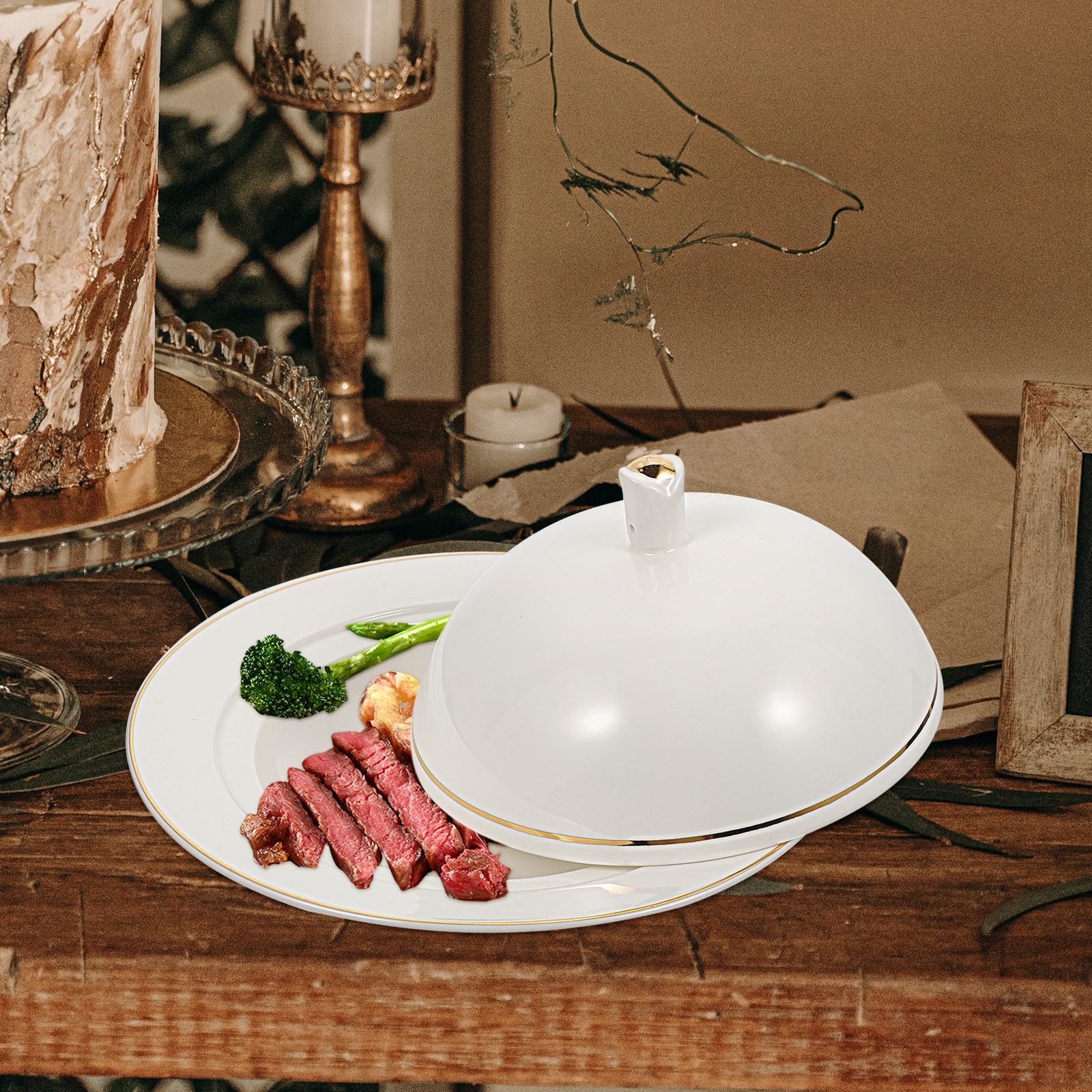 Gatuida Piatto in Ceramica Bianco con Coperchio per Bistecca e Dessert, Piatto da Portata Funzionale per Ristorante e Hotel, Materiale Ceramico Resistente e Finitura Liscia
