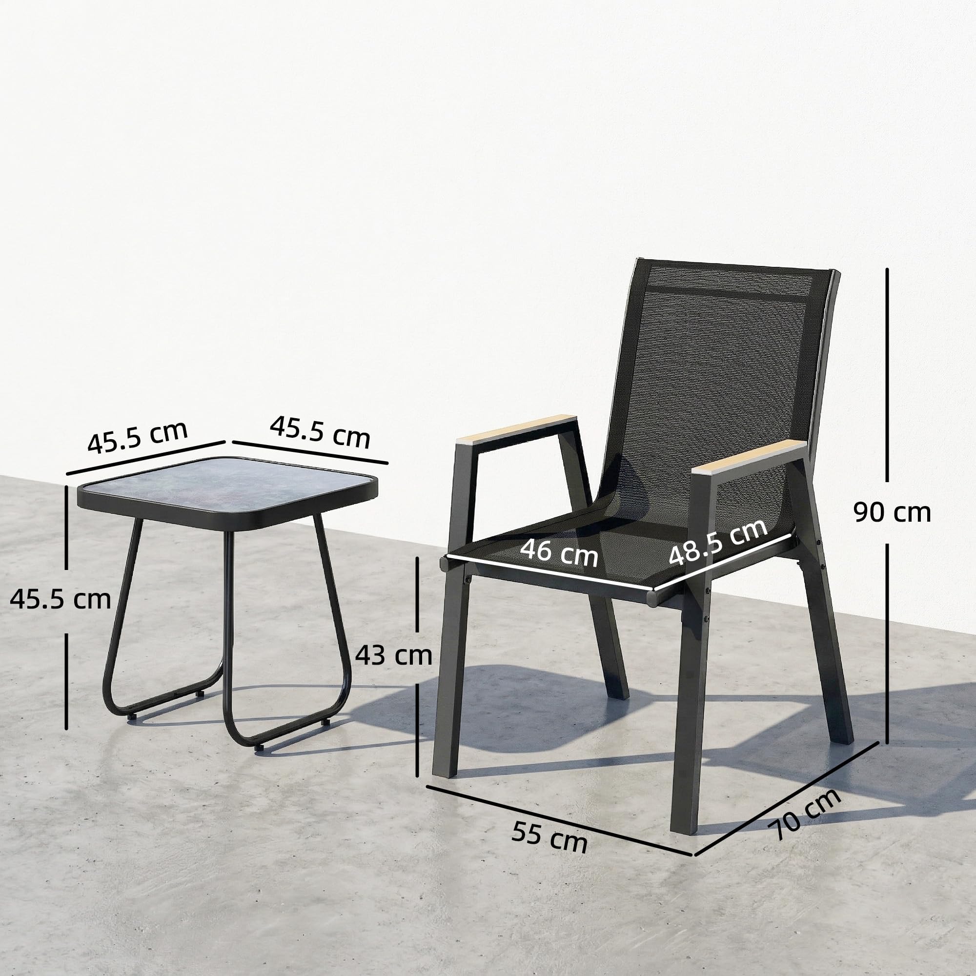 Outsunny Set da Bistrò da 3 Pezzi con 2 Sedie in Texteline, Tavolo Effetto Marmo e Braccioli Decorativi, Set di Mobili da Giardino in Metallo per Terrazzo Patio Balcone, Nero