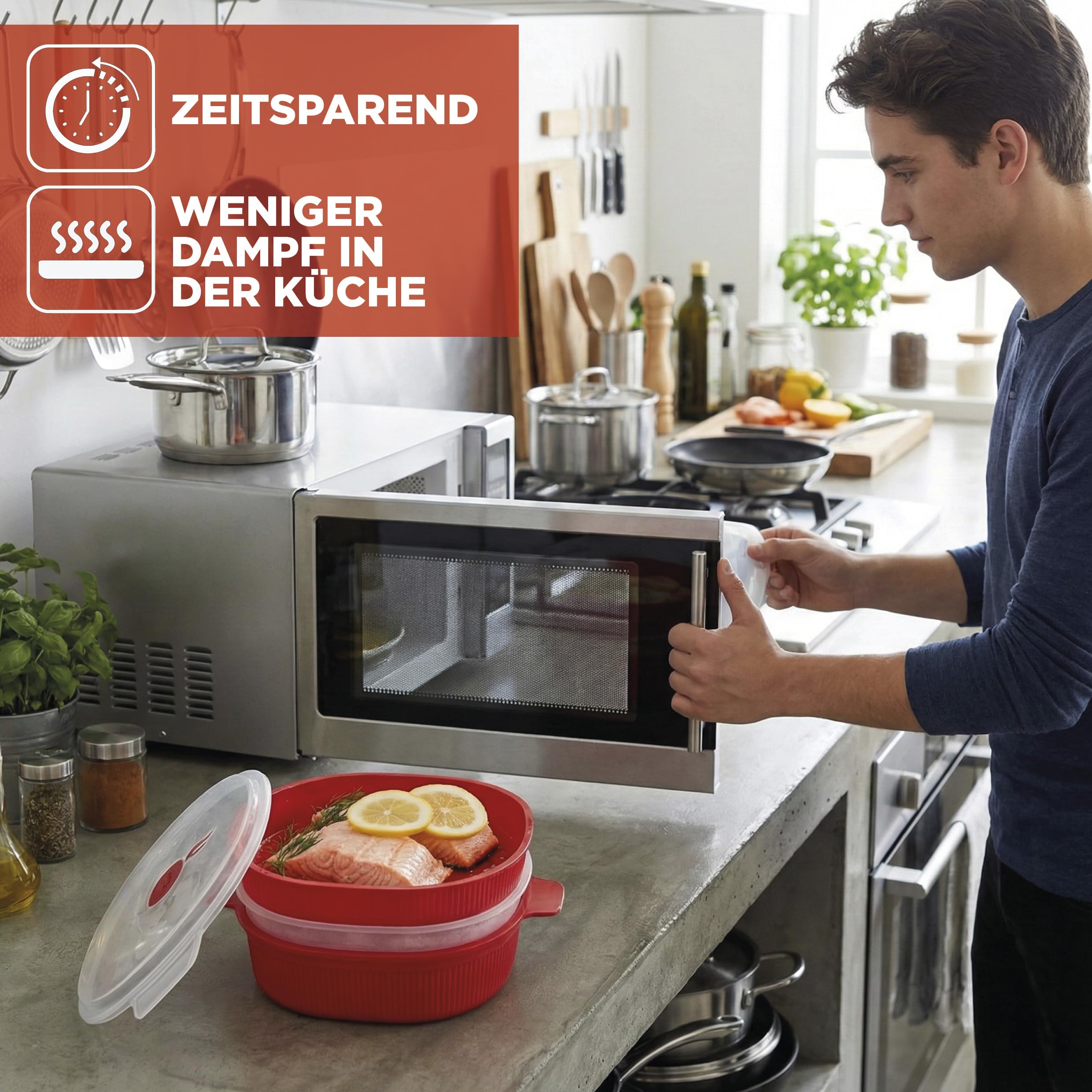 Snips - Dampfgarer für Mikrowelle Rot 4L, Microwave Mikrowellenschüssel mit 2 Tabletts - Mikrowellenbehälter Spülmaschinenfest Energiesparend und Schnelle Zubereitung, 26.5x22x13.5 cm, Made in Italy