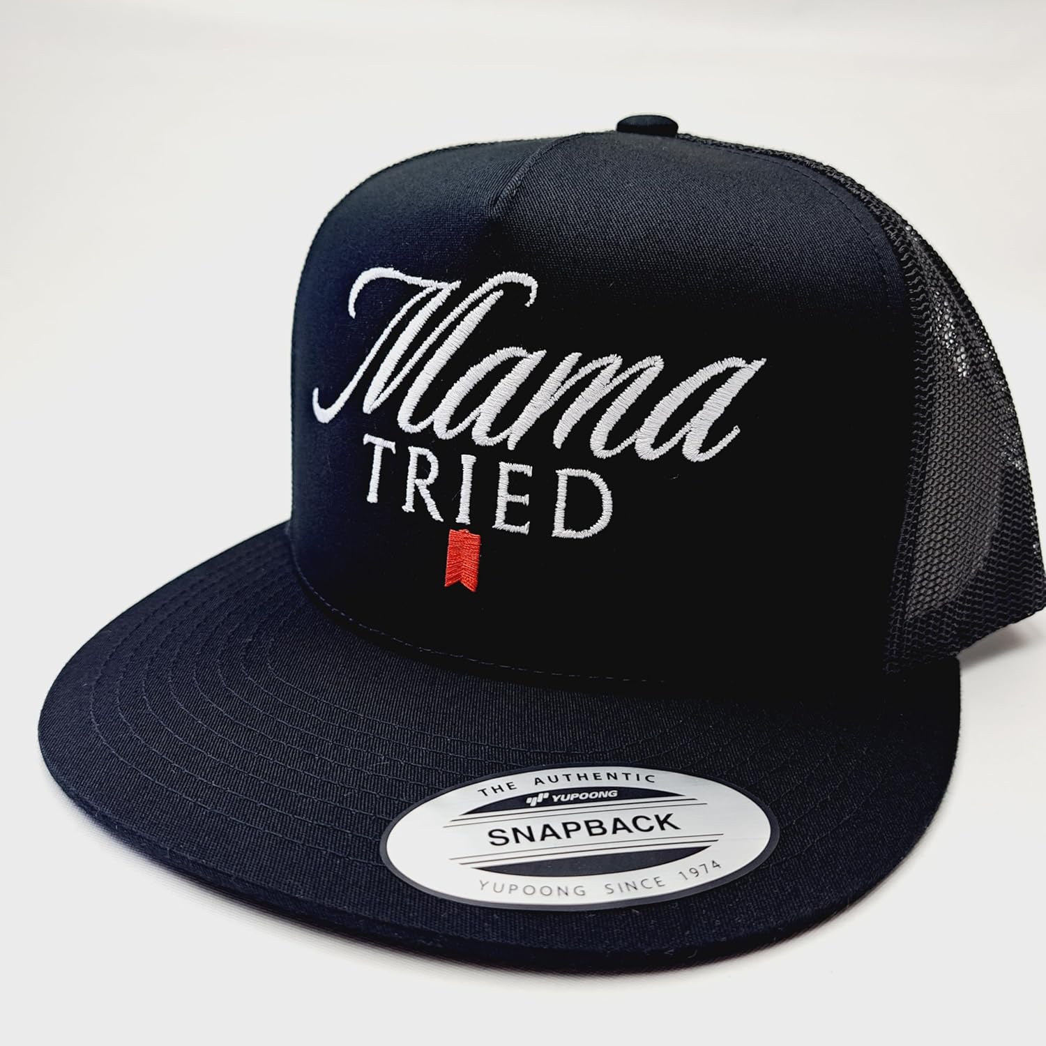 Mama Tried Trucker Mesh Snapback Flat Bill Hat Cap Black Embroidered
