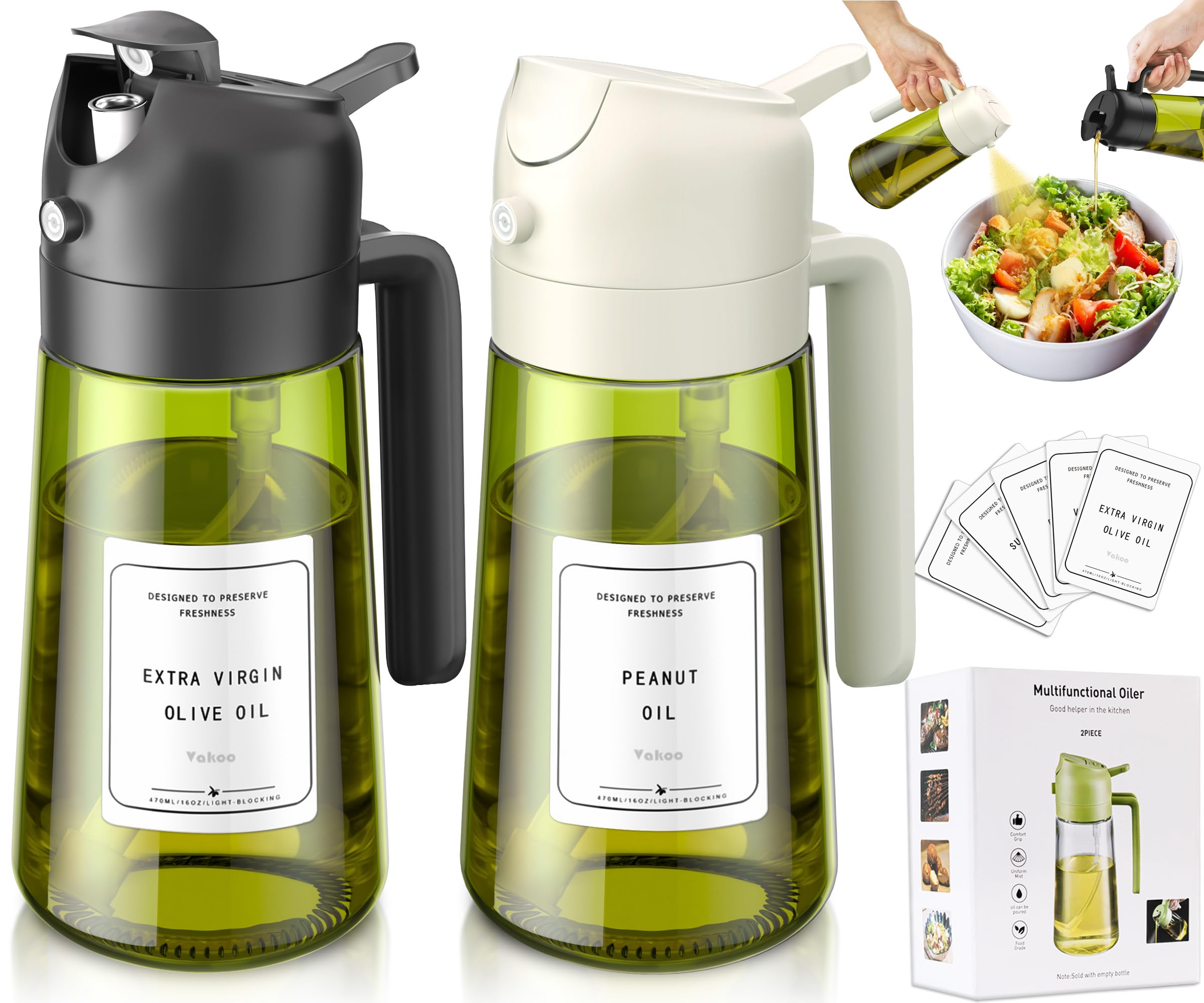 Vakoo 2-IN-1 Olive Oil Sprayer and Dispenser, 16oz/470ml Food-Grade Glass Oil Spray Bottle for Cooking, Air Fryer, Salad, BBQ & Kitchen Gadgets (Black&White)