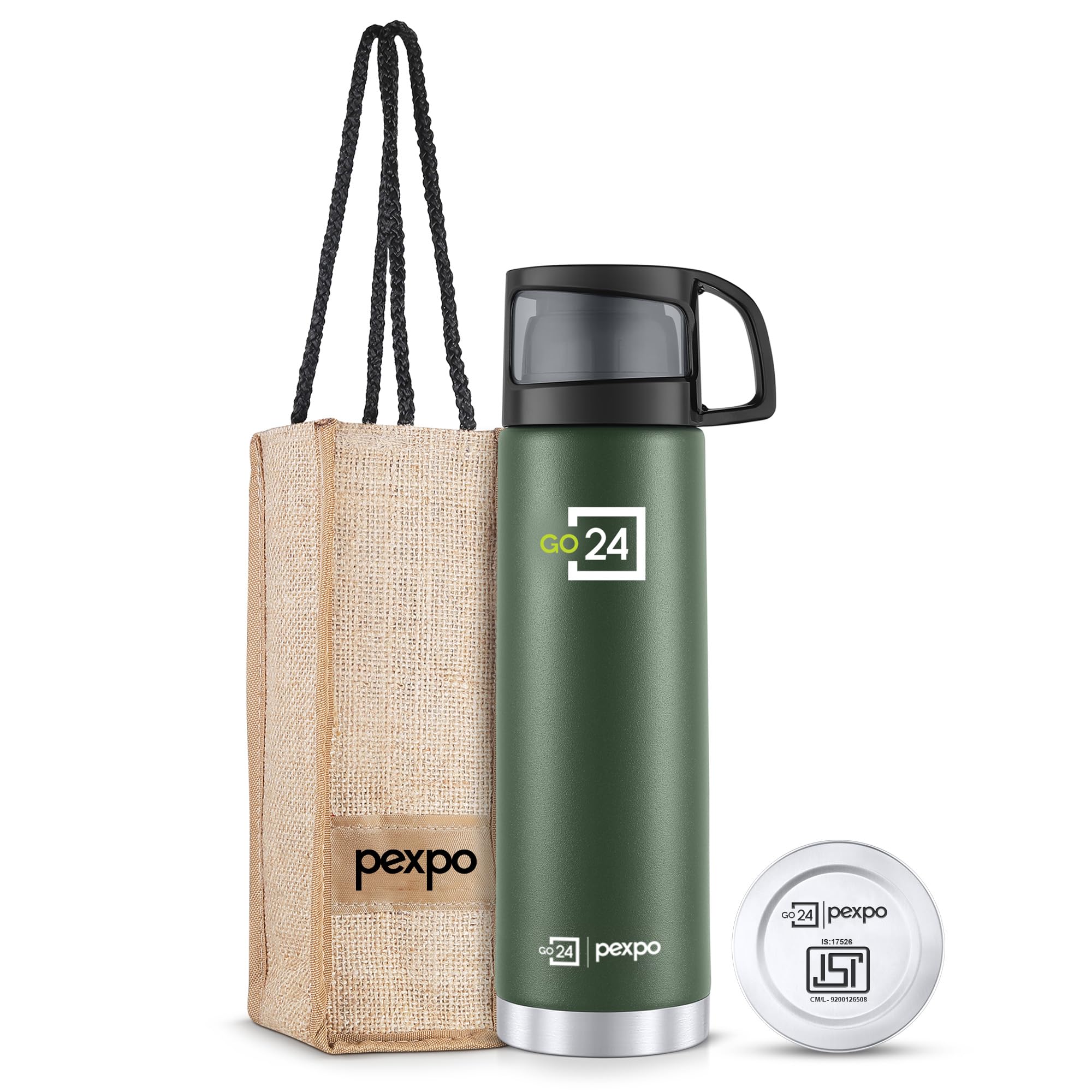 - Pexpo Fererro 1000ml Stainless Steel Flask | Triple Wall Vacuum Insulated Hot & Cold Bottle | ISI Certified | Cup Designed Cap | for Office, Gym & Travel with Jute Bag - Military Green