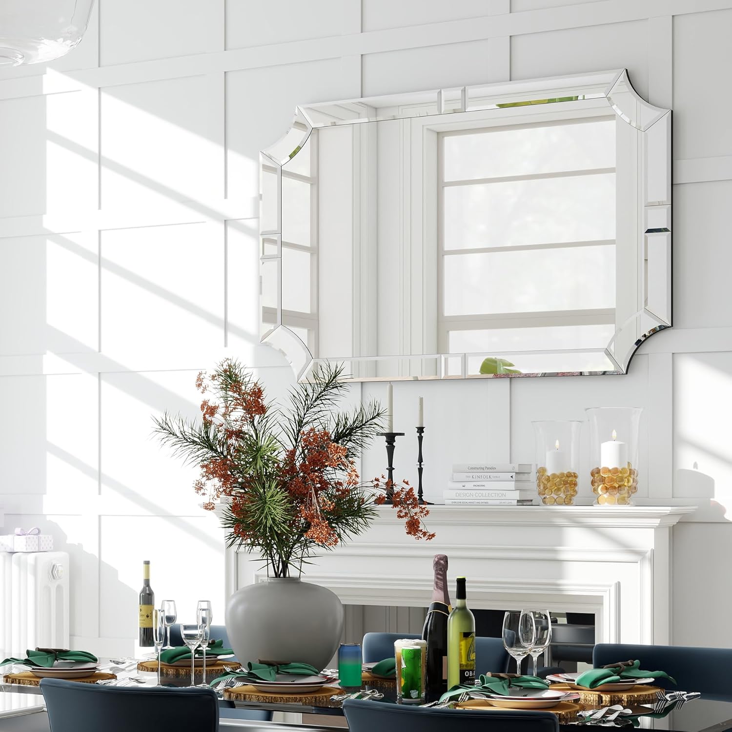 Chende Large Decorative Mirror for Decor, 28"x40" Bathroom Wall Mirror with Beveled Glass Strips Frame, Unique Scalloped Corner, Hang Vertically/Horizontally, Hallway, Entryway, Dining Room Decor