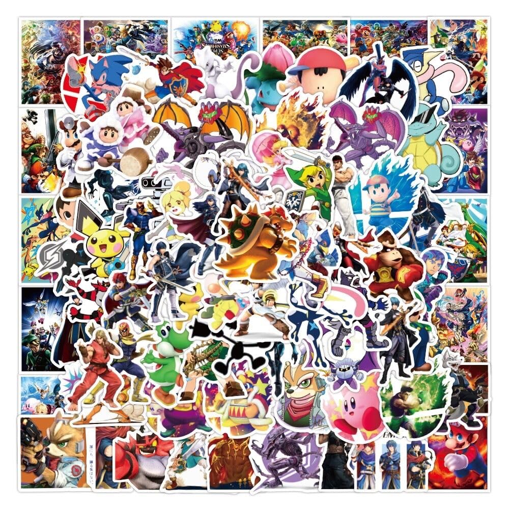 100pcs Super Smash Bro Stickers for Laptop Cool Game Classic Cartoon Vinyl Decals for Teens Computer Skateboard Water Bottles Phone Scrapbook Car Luggage