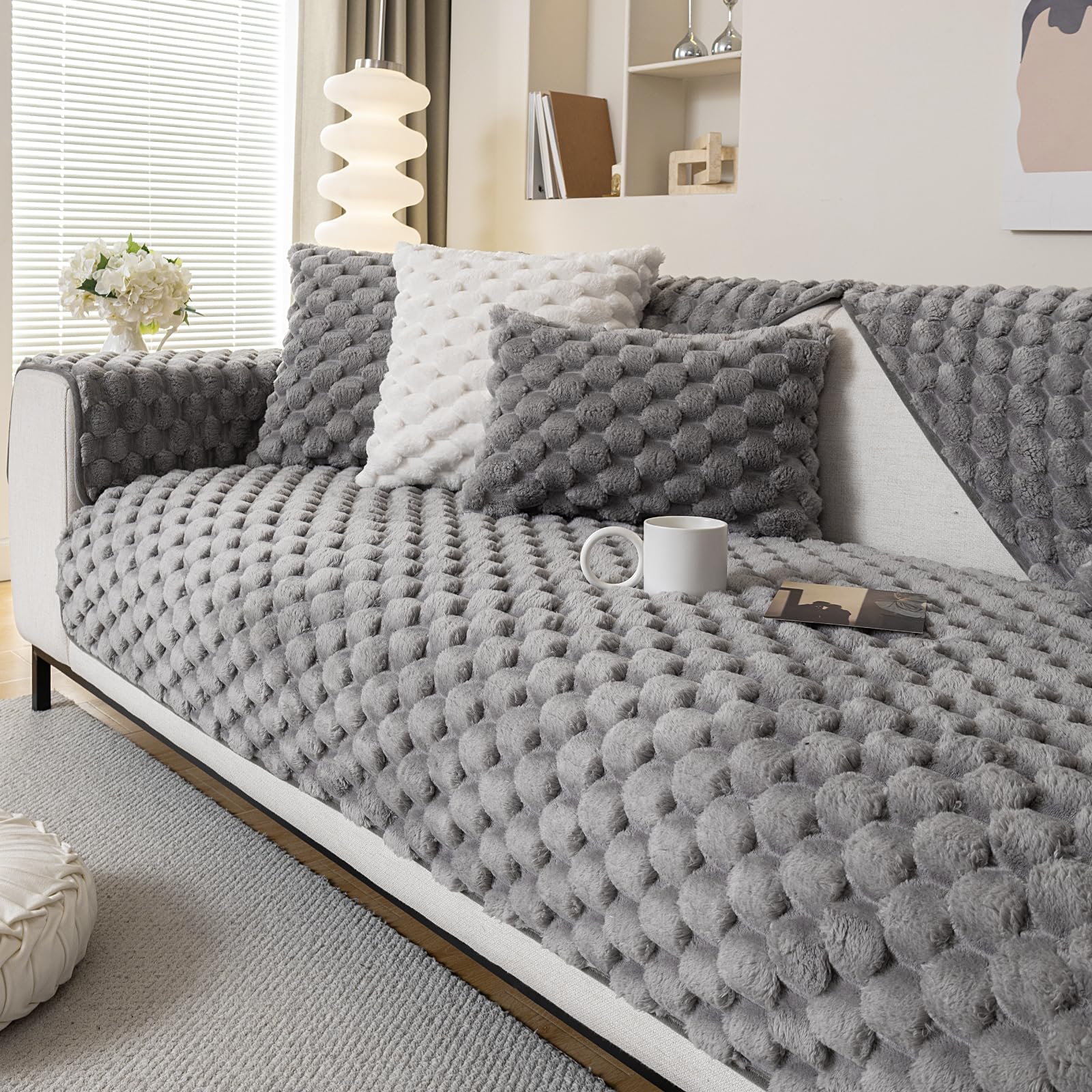 tianxinbaobei Funny Fuzzy Couch Covers for Sofa Plush Warm Sectional Sofa Covers Washable for 3-4 Cushion Couch,Non-slip Slipcover Sofa Covers for Pet Dog Furniture Protector(1PC,Light Grey,35"x83") - Image 2
