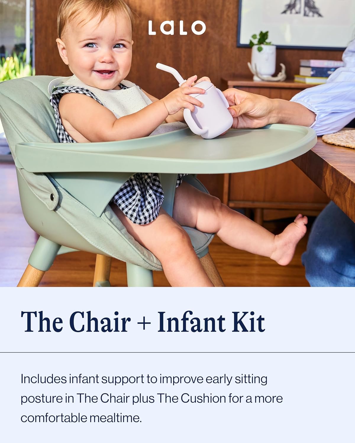 Lalo The High Chair Infant Kit - Convertible Wooden High Chair for Babies & Toddlers with Infant Support & Cushion, Grows with Your Child, Dishwasher Safe Tray, Adjustable Footrest Coconut