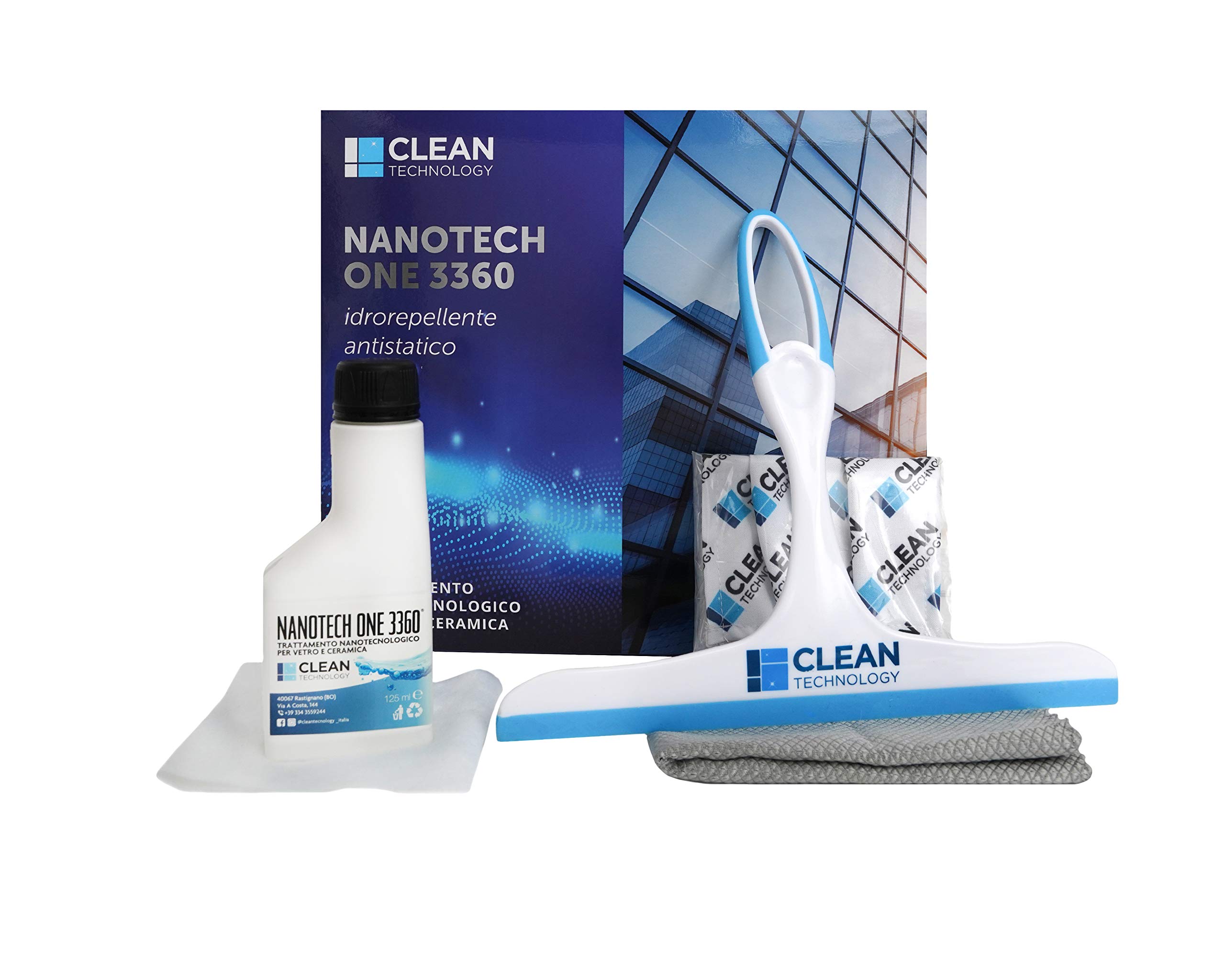 Box Nanotech One 3360 -125 ml con Tergivetro, Protezione Mani, Protezione vie Respiratorie, Cotone Gommato, Panno Microfibra - Trattamento anticalcare permanente per box doccia e vetri auto