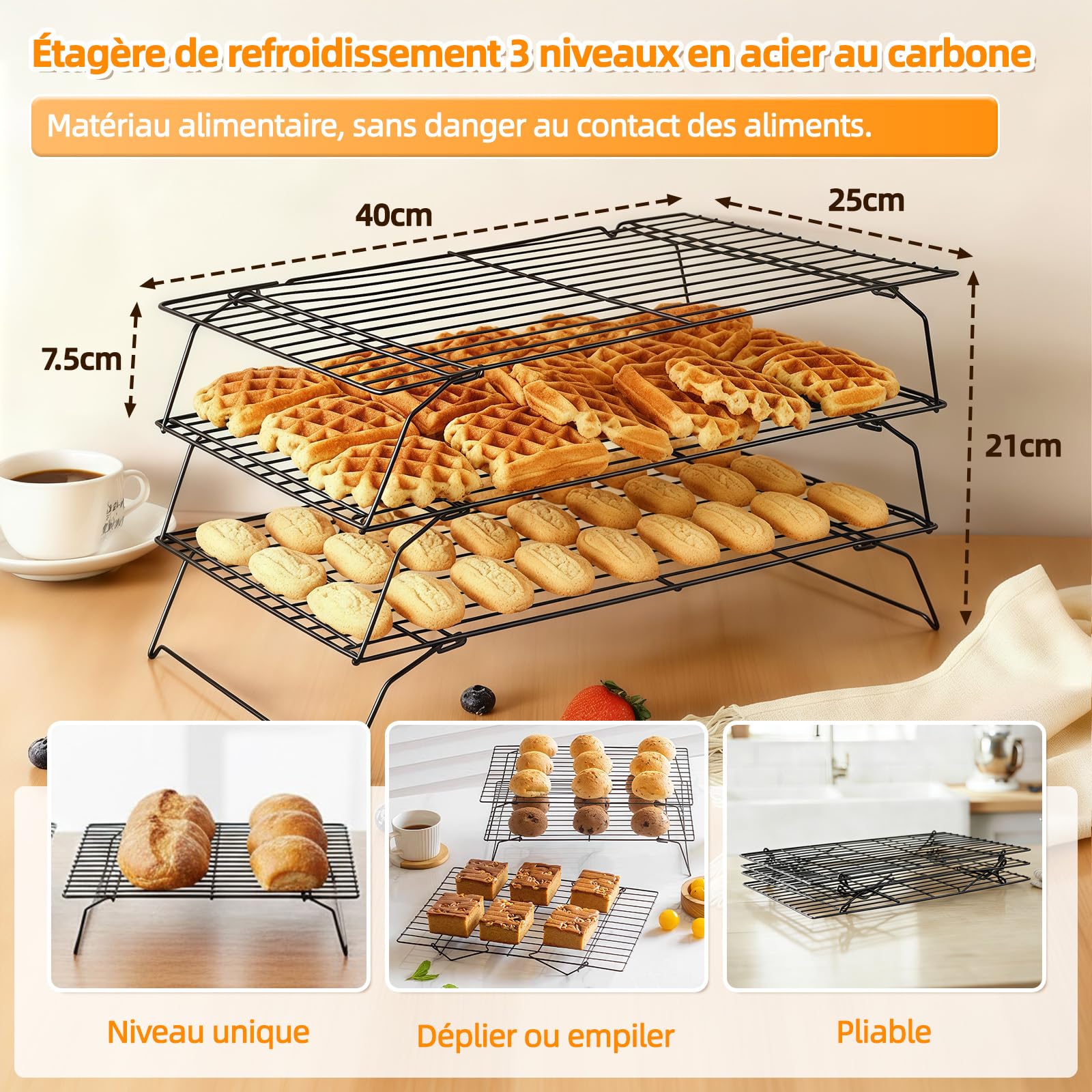 Grille de Refroidissement Pâtisserie Acier Carbone Antiadhésive 40x25 cm Pliable Empilable 3 Niveaux