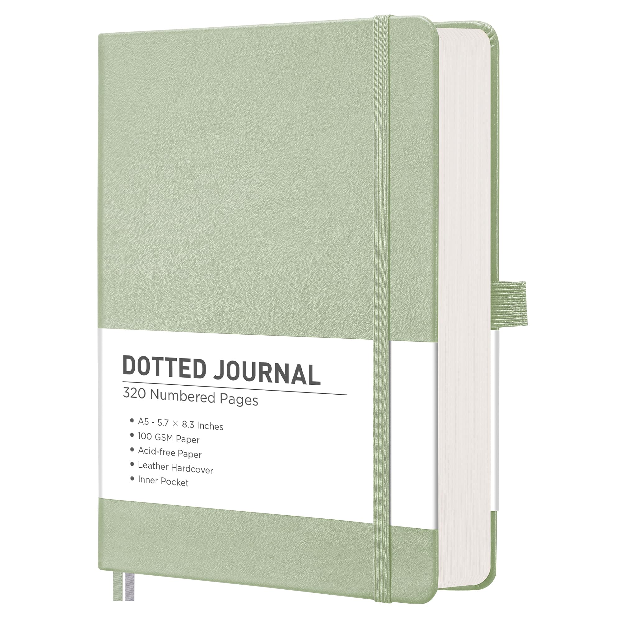 RETTACY Bullet Dotted Journal Notebook, 320 Numbered Pages, A5 Medium Size (5.7'' × 8.3''), Leather Hardcover, 100 GSM Thick Paper, for Bullet Journaling, Planning, Tracking (Light Green)