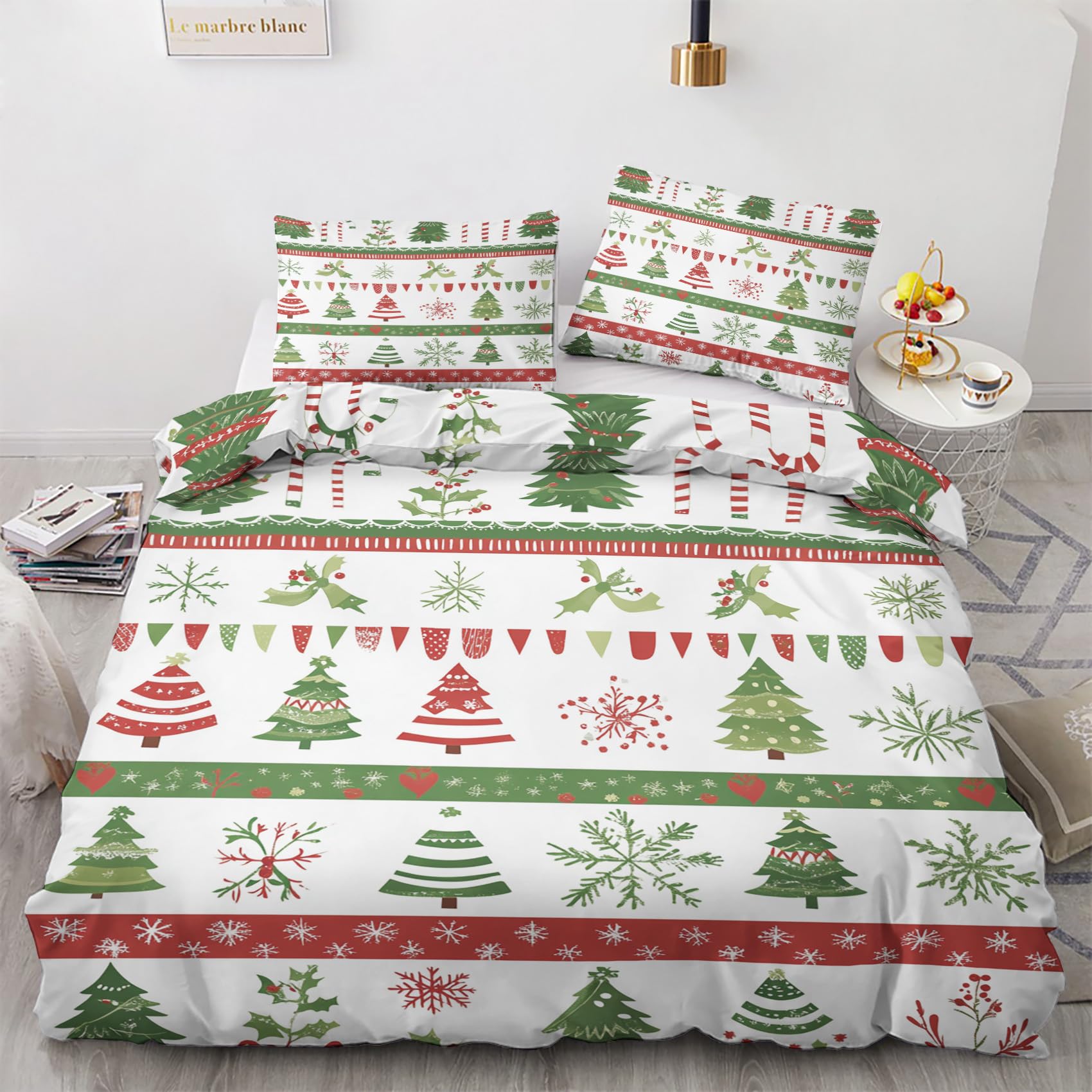 NOGAWA Christmas Tree Bedding Double - Christmas Day Duvet Cover Double, Reversible Quilt Cover & 2 Pillowcases with Zip and Ties, Ultra Soft and Breathable Brushed Microfibre Bed Set