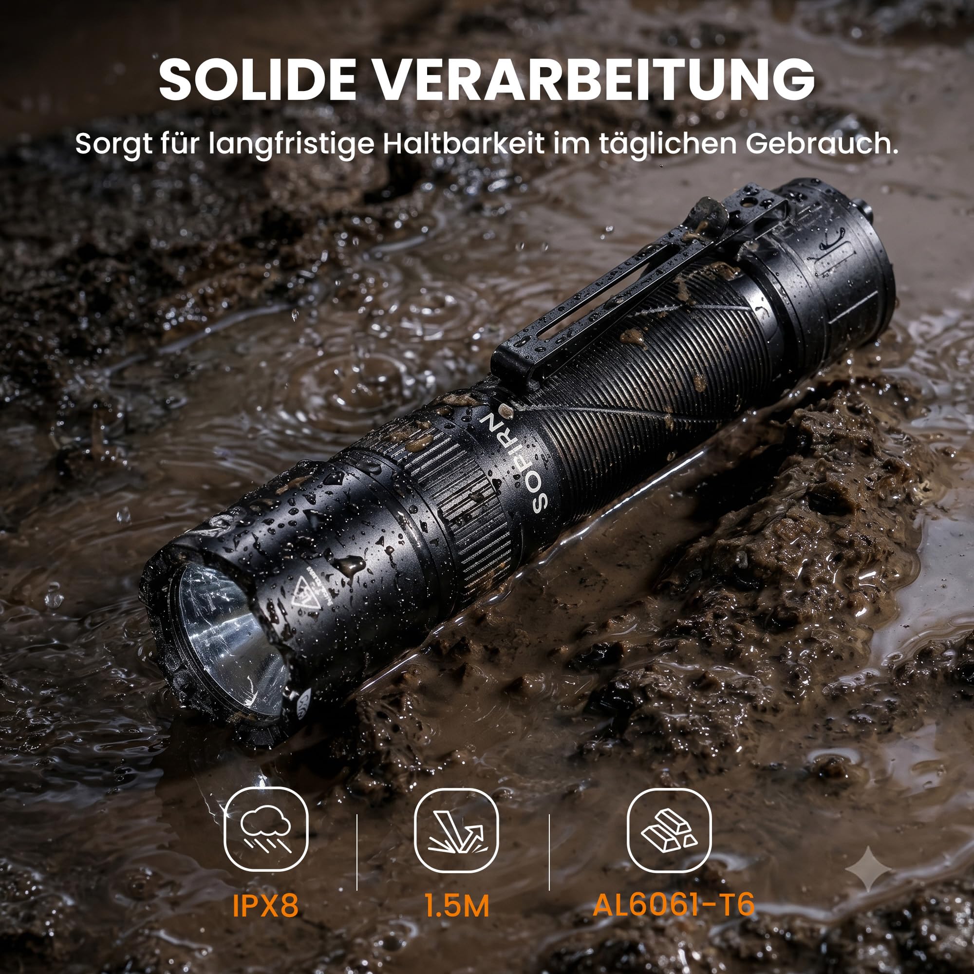 Sofirn SK31 Taktische Taschenlampe LED Aufladbar 6800lm, 395m, IPX8 | 6800 Lumen, 395m Reichweite, 9 Modi, USB-C Aufladbar, IPX8 Wasserdicht, Taktisch, Outdoor, Camping, Selbstverteidigung