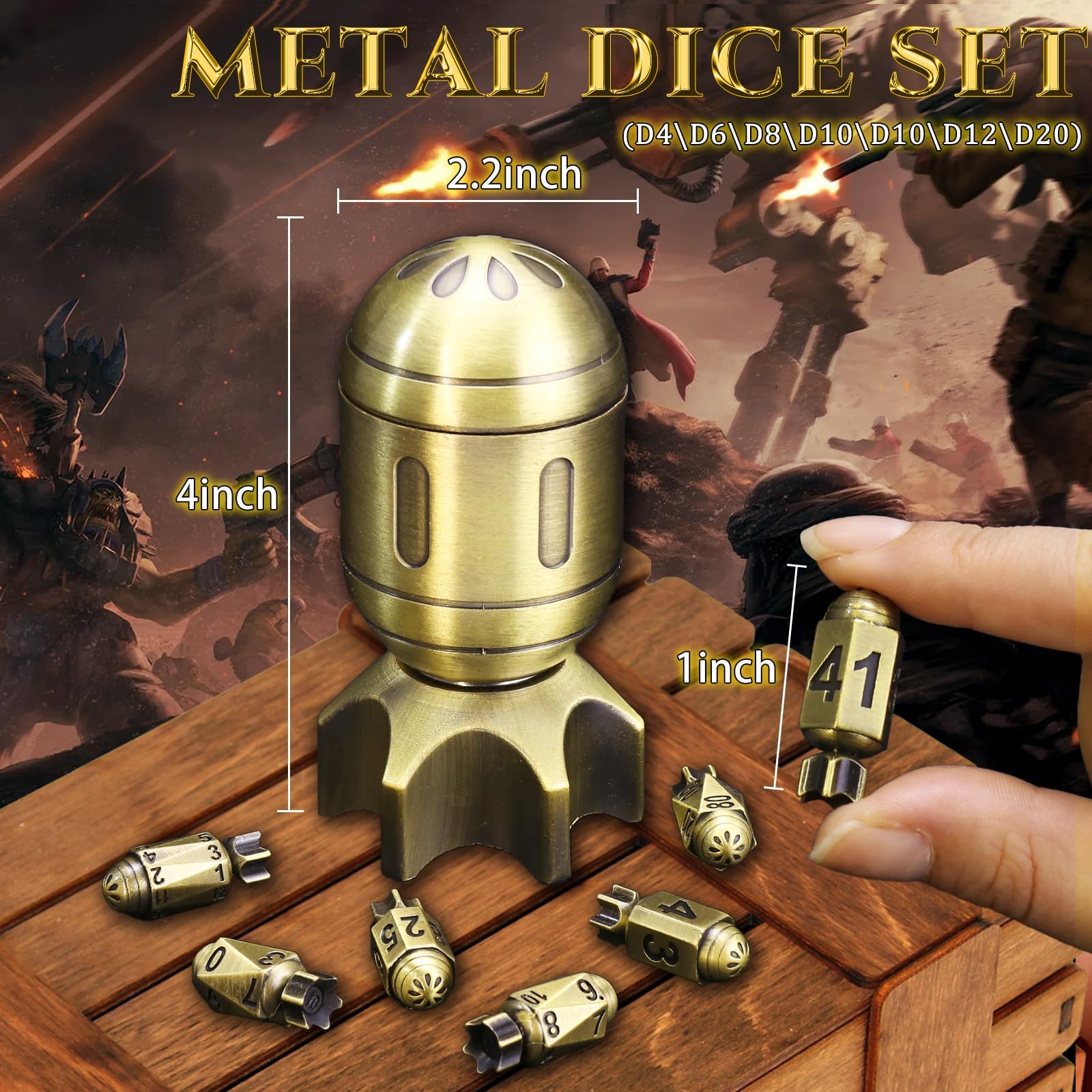 Set di dadi DND per Dungeons and Dragon, con missile rotante (bronzo brillante | ZHOORQI Set di dadi poliedrici, cool set di dadi per giochi di ruolo a tema guerra o crimini