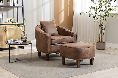 Miniatura 2 de Olela Silla decorativa con juego otomano, moderna silla tapizada de barril con reposapiés, silla de lino con brazos redondos de barril de lectura,