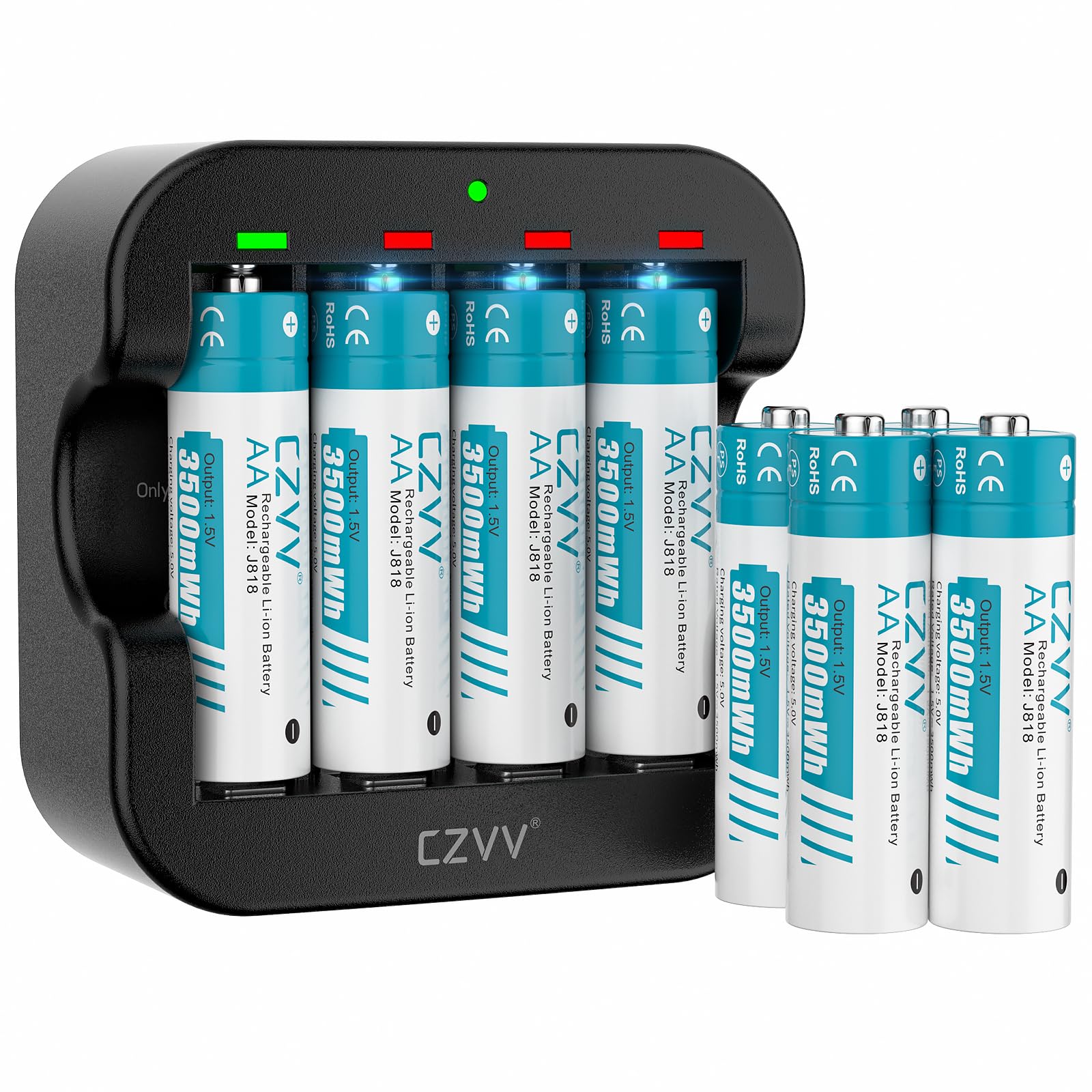 Piles Rechargeables Lithium AA 1,5V - Chargeur avec 8 Pack Accu Haute Capacité 3500mWh - Charge Rapide 2H - Batterie Durée 10 Ans, 1500 Cycles, Préchargées, Faible Auto-décharge, Sortie Constante