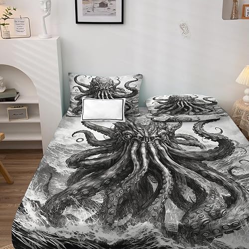 Miniatura 3 de Juego de sábanas de pulpo tamaño Queen, sábanas Kraken, microfibra suave, bolsillo profundo, sábanas y fundas de almohada estampadas sin arrugas, 4