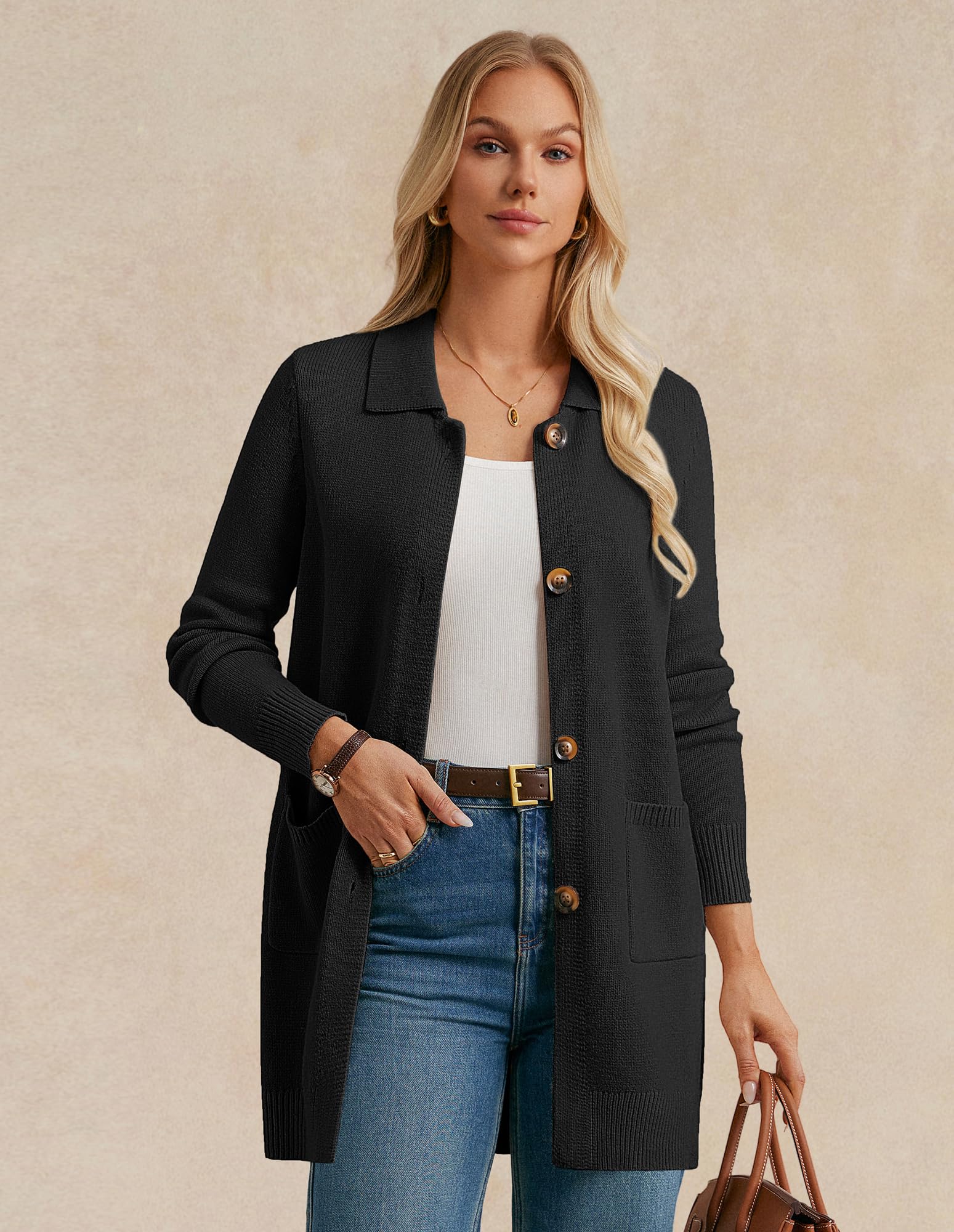 GRACE KARIN Cardigan lungo da donna a maniche lunghe con risvolto collo button down cardigan con tasche