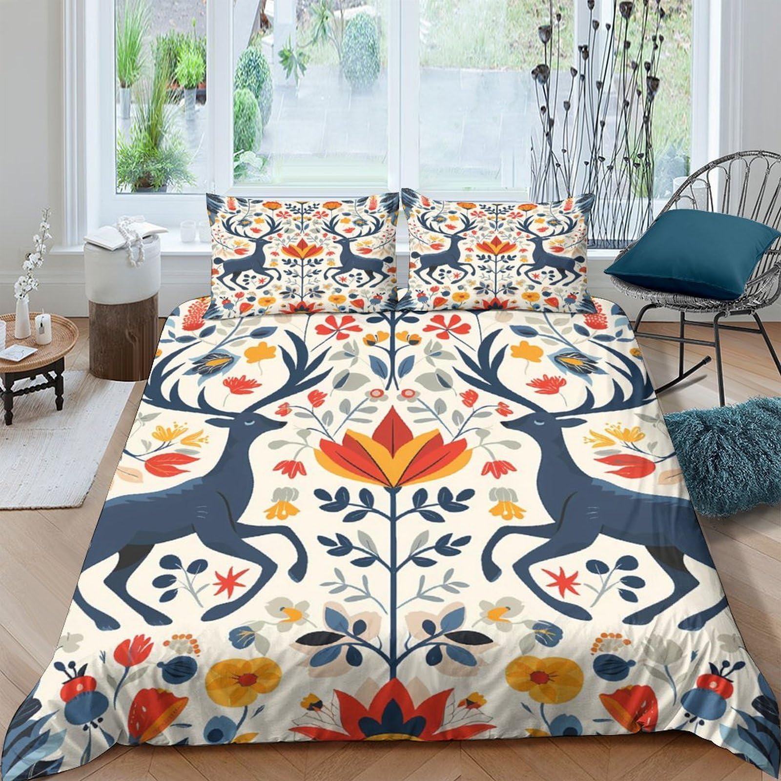 Ctjqhvkz Style-10 3D Printed Nordic Deer Fitted Sheet Microfiber Soft Floral Folk Art Bed Cover For Bedroom Guest Room Decor Single（135X200cm）