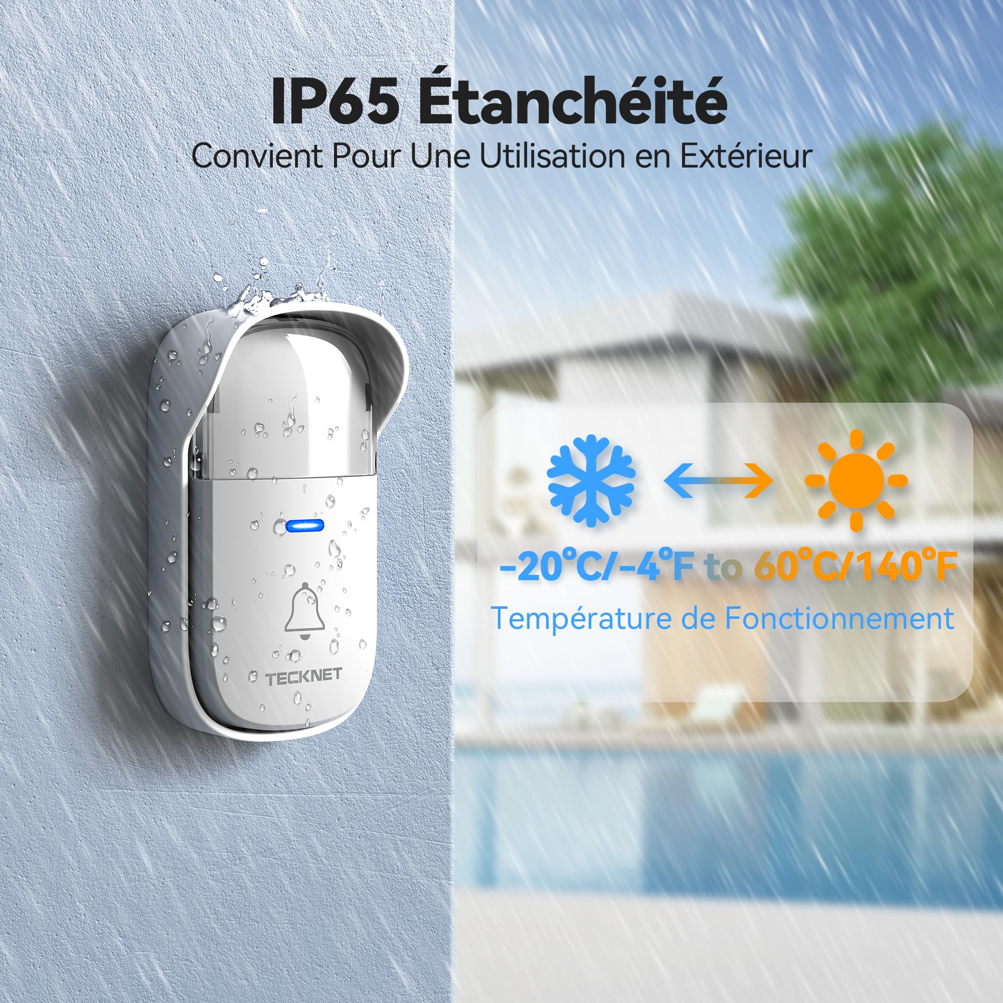 TECKNET Sonnette sans Fil, 300M Sonnette RGB de Porte sans Fil Auto-alimentée, IP65 Étanche Carillon Electronique, Kit de Carillon avec Récepteurs Enfichables, 60 Mélodies, 5 Niveaux Volumes