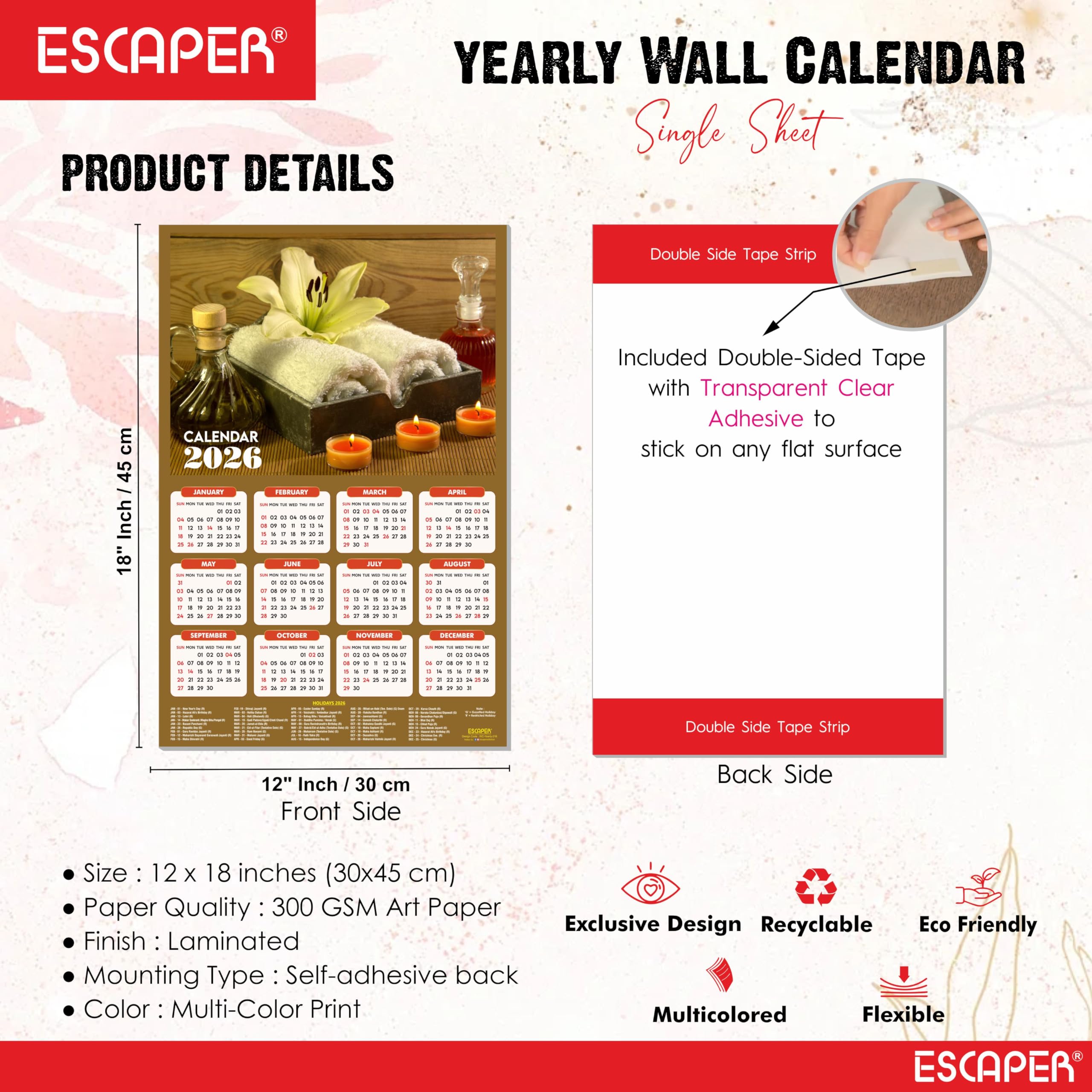 ESCAPER Calendario da parete Body Spa 2025 da appendere (45 x 30 cm), calendario da parete ayurvedico spa 2025, calendario da parete 2025, calendario da parete 2025, decorazione da parete spa