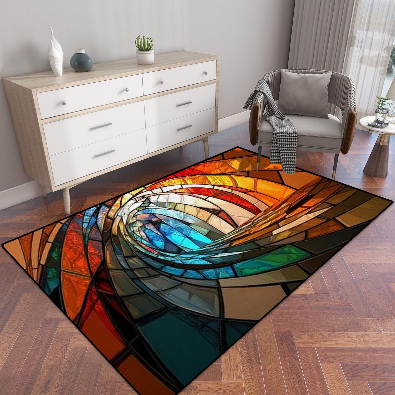 PeeNoke Colorful Stained Glass Spiral Computer generated Abstract 3D Rendering Area Rug Outdoor Patio Rug Play Mat Modern Floor Carpet Non-Slip Home
