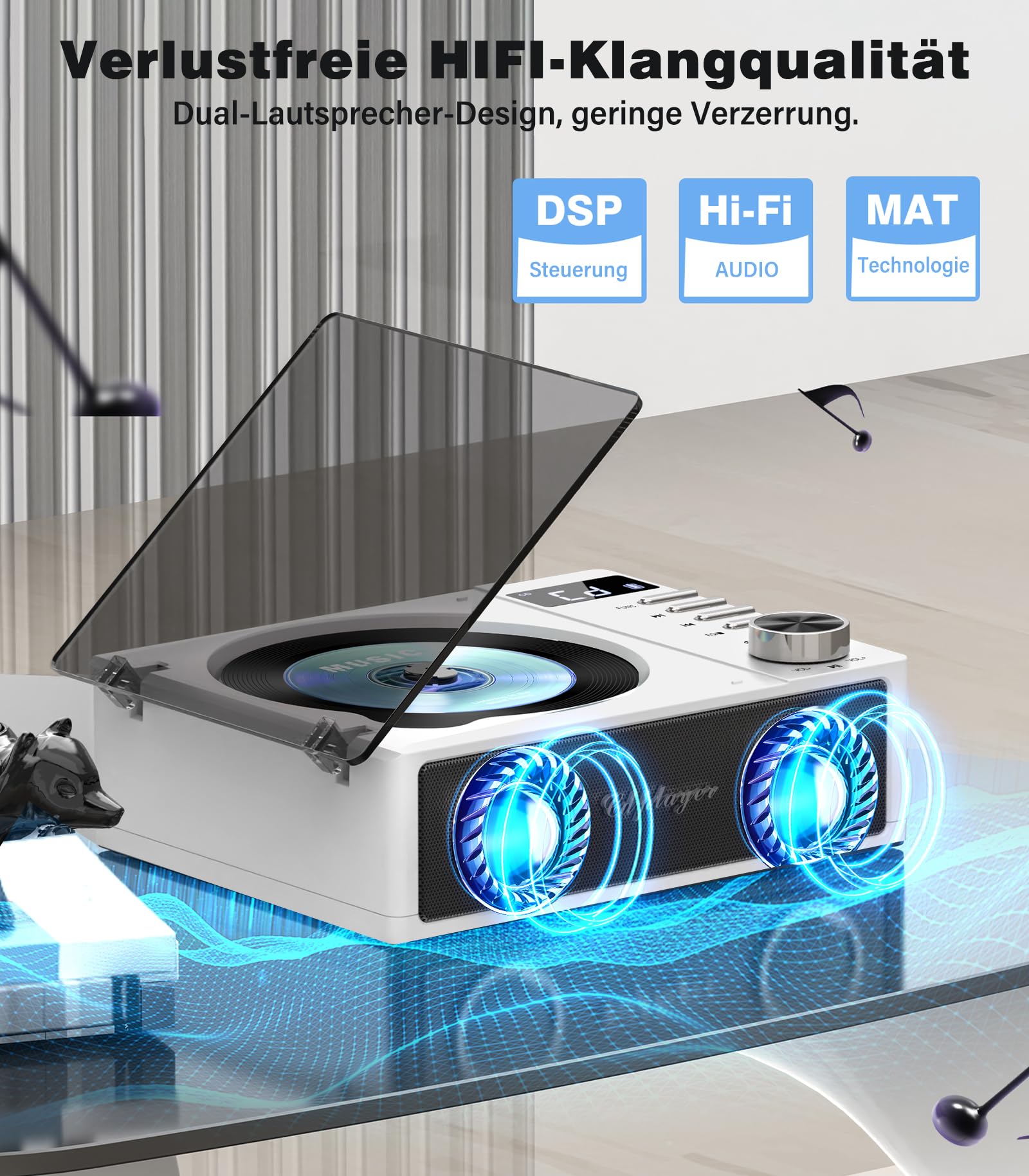 Greadio CD Player Tragbar mit Bluetooth 5.3, 4000mAh Wiederaufladbarer CD-Player mit Fernbedienung, HiFi-Sound-Lautsprecher, unterstützt USB, TF, AUX, LED-Display für Zuhause/Geschenk (Weiß)