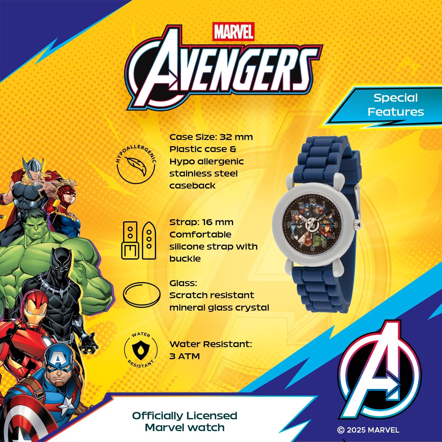 Marvel Captain America Watch for Boys Ages 3–7 – Featuring Superhero Easy-Read Dial Dial – Gift Idea for Young Avengers Fans and Collectors – Blue Case, Silver Bezel, and Blue Silicone Strap - Image 4