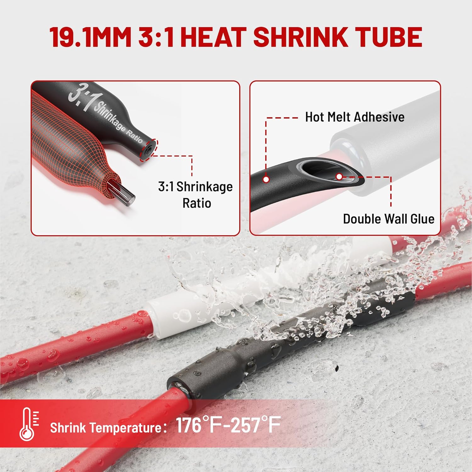 RED WOLF 2/0 AWG 3/8" Battery Cable Lug 20 PCS w/3:1 Heat Shrink Tubing for Wiring Insulation Black Red 20 PCS for Automotive Electrical 00 Gauge Wire Copper Lug Marine Grade M10 Ring Terminal Ends