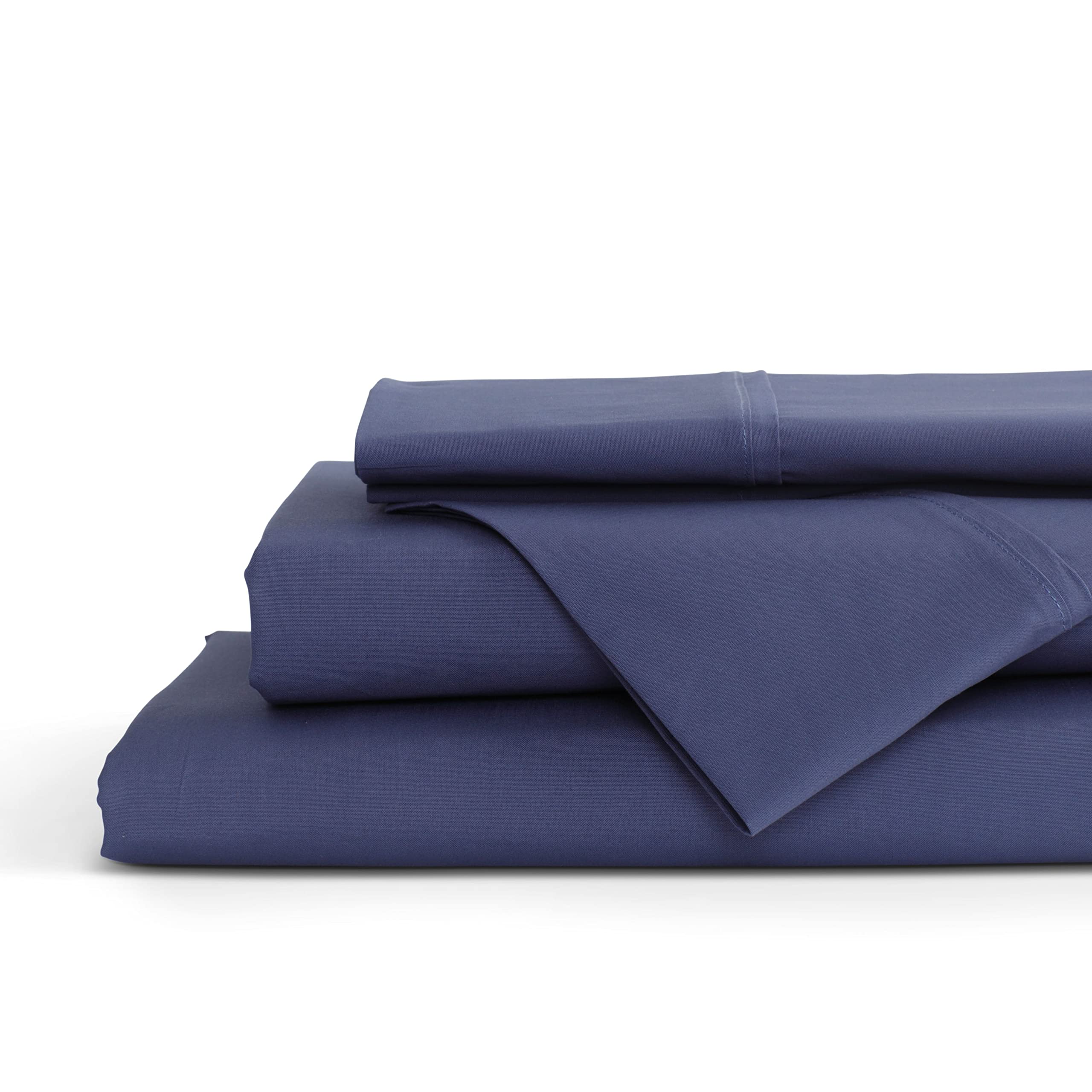 Linen Home 4 Piece Twin Cotton Sheet Set, 100% Cotton Percale, 2 Pillowcases, Deep Pocket with All Around Elastic Sheet, Crisp Breathable Bedding, Hotel Luxury, Long-Staple Combed Cotton, Dark Blue