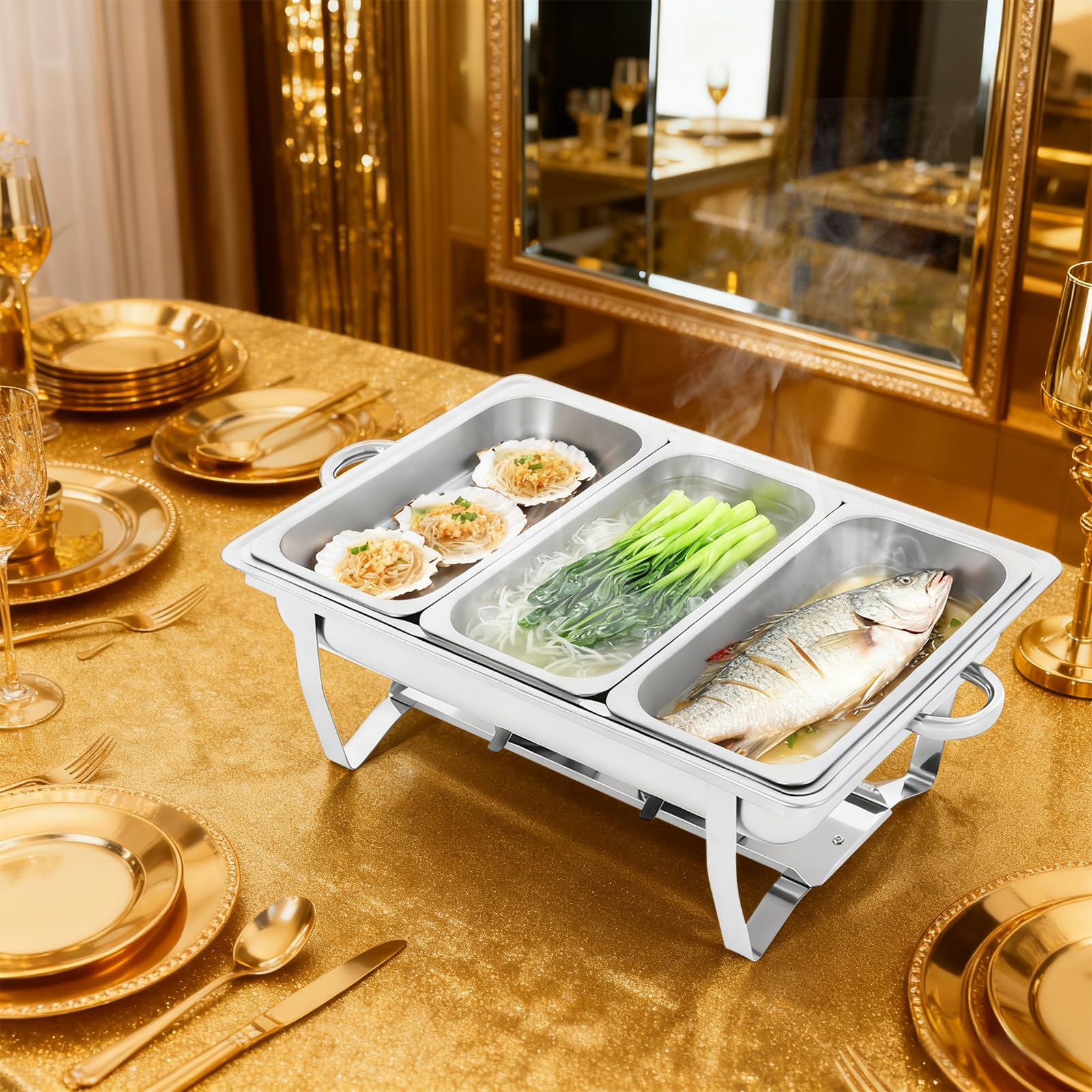 Chafing Dish zestaw do podgrzewania potraw ze stali nierdzewnej, pojemnik na ciepło, do cateringu, bufetu i na imprezę (3 x pojemnik 1/3 GN)