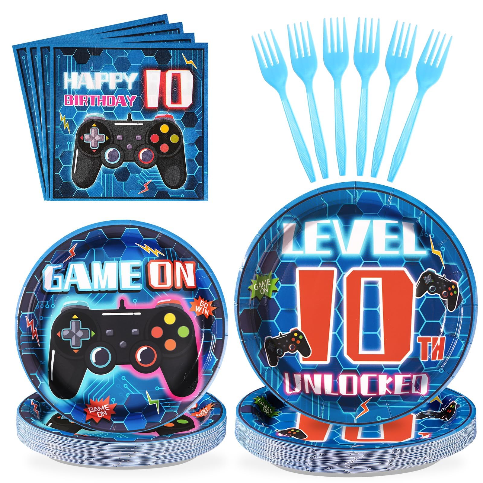 Grencian 96 Pcs 10th Video Game Birthday Party Decorations Blue Video Game Level 10 Birthday Plates and Napkins Tableware Sets for Kids Boys 10 Years