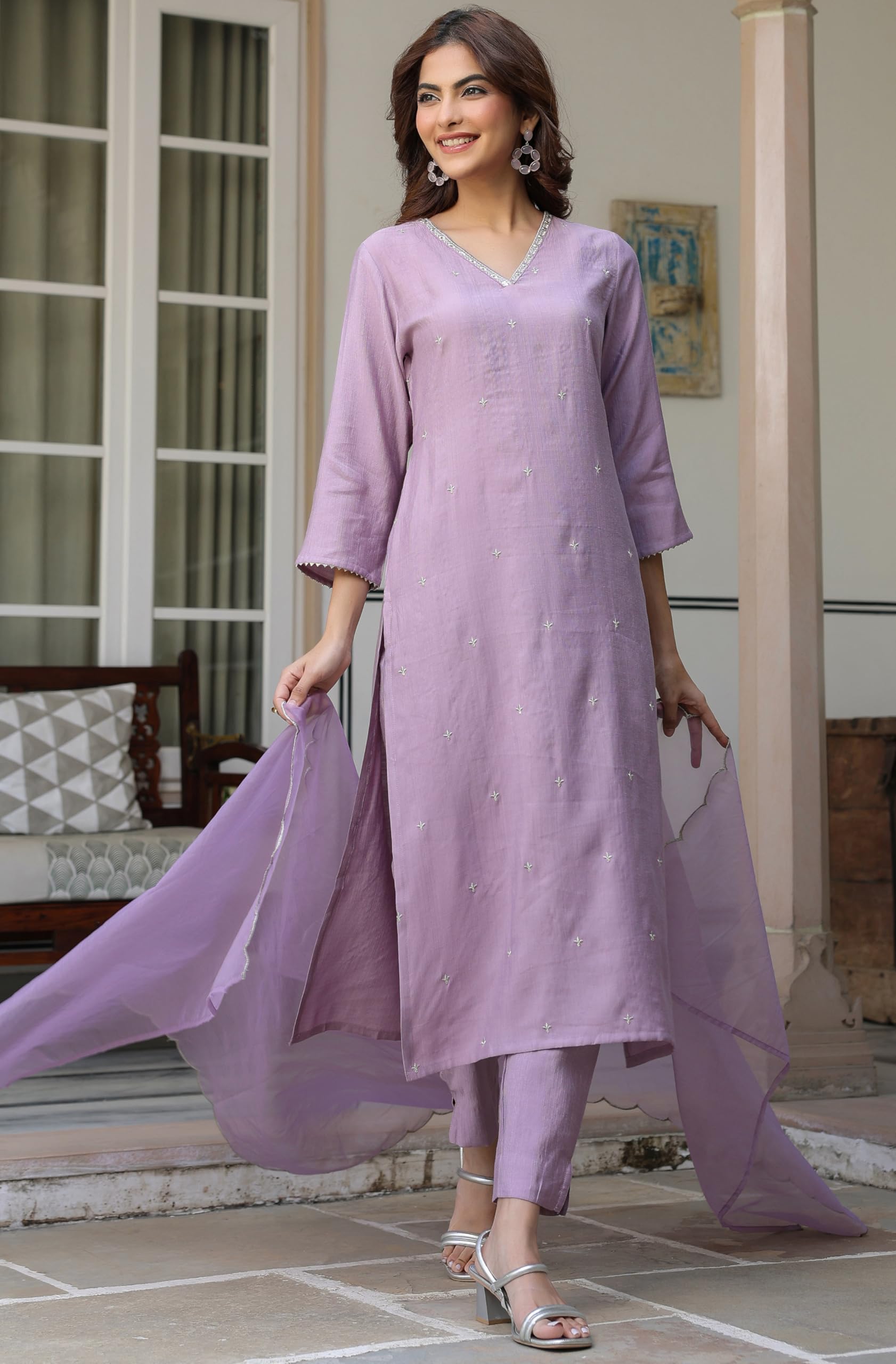 Janasya Women's Lavender Chinon Embellished Kurta with Pant and Dupatta Set product image 8