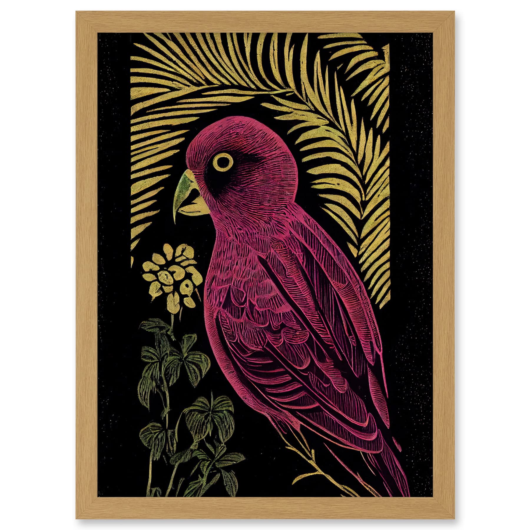 Wee Blue Coo Pink Parrot Bird Black Gold Tropical Plants Modern Vintage Linocut Illustration Artwork Framed A3 Wall Art Print