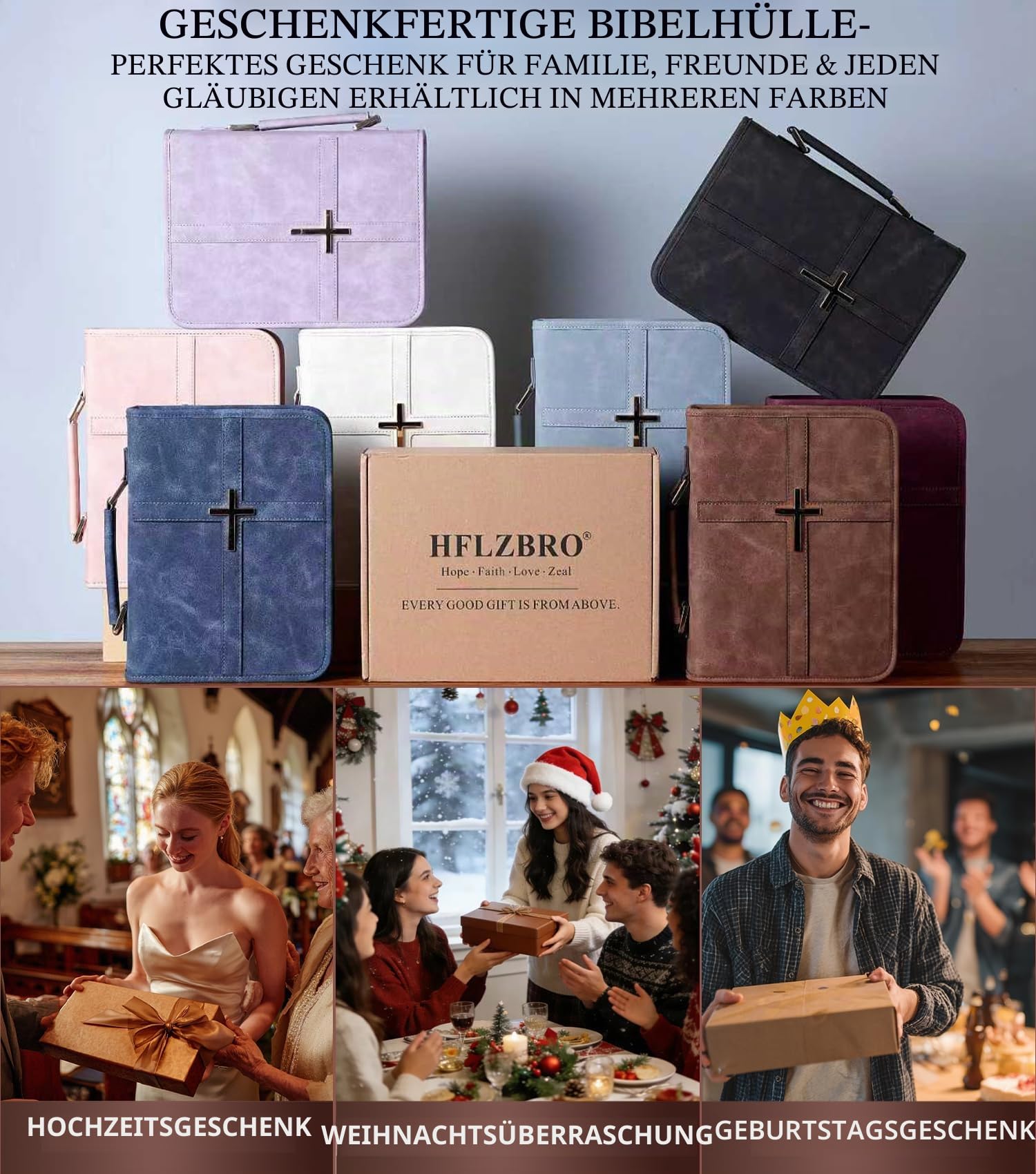 Veganes Leder Bibel Cover Case Bibeltasche mit Handytasche Bibelhülle für Männer Frauen Christliche Geschenkbox Verpackung (Schwarz)