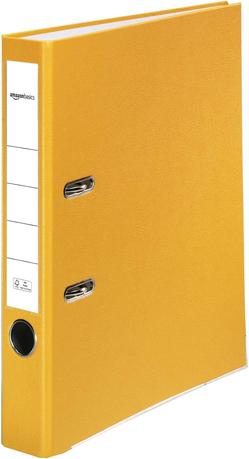Amazon Basics - Archivador de palanca, cubierta de PP, lomo con bolsillo, Certificación FSC, A4, lomo de 50 mm de ancho, amarillo