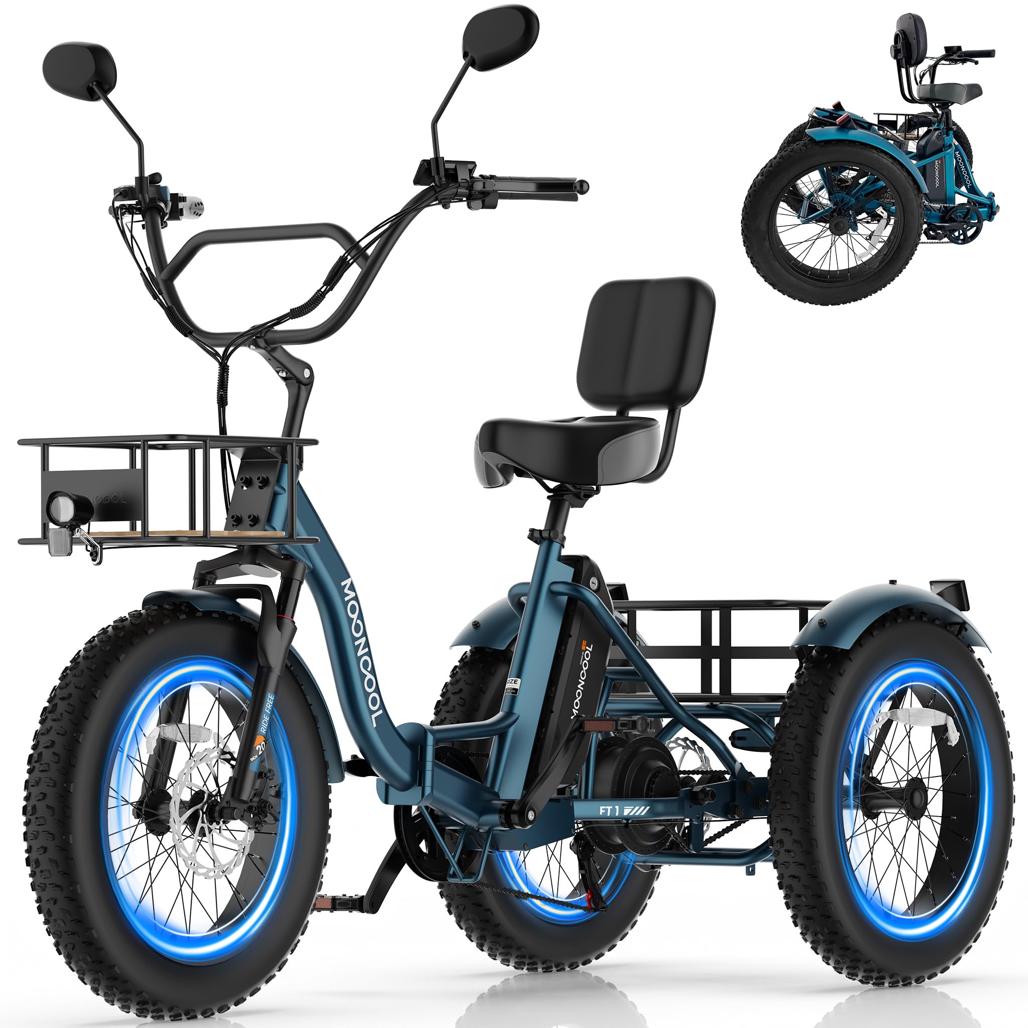 MOONCOOL Electric Trike for Adults, 20" Fat Tire 7 Speed Folding Tricycle