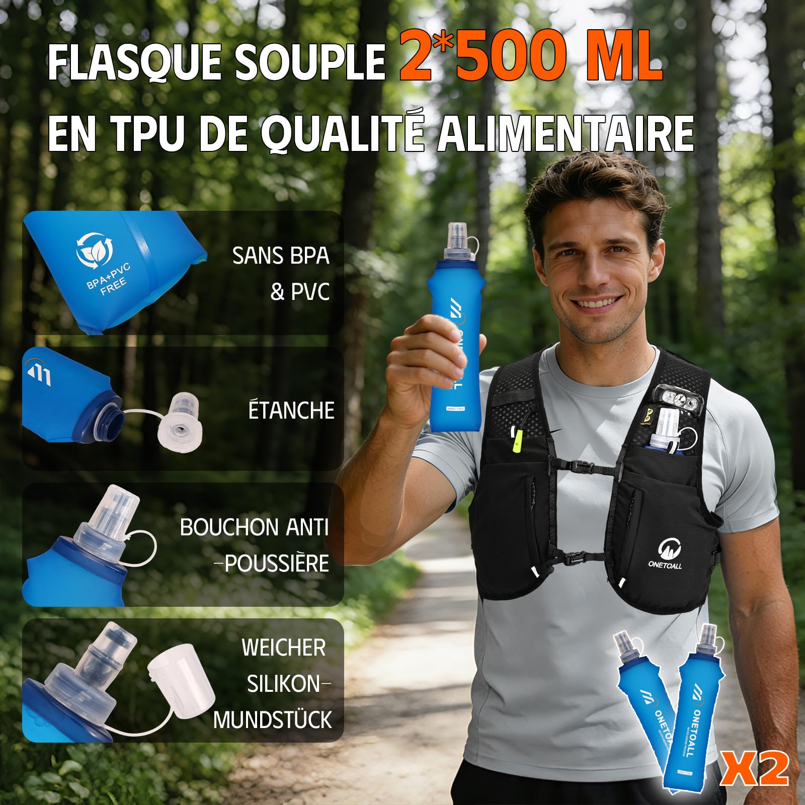 Gilet d'Hydratation Réfléchissant avec 2 Bouteilles 500ml - Sac à Dos de Course pour Homme Femme - Veste Running pour Marathon, Trail, Jogging