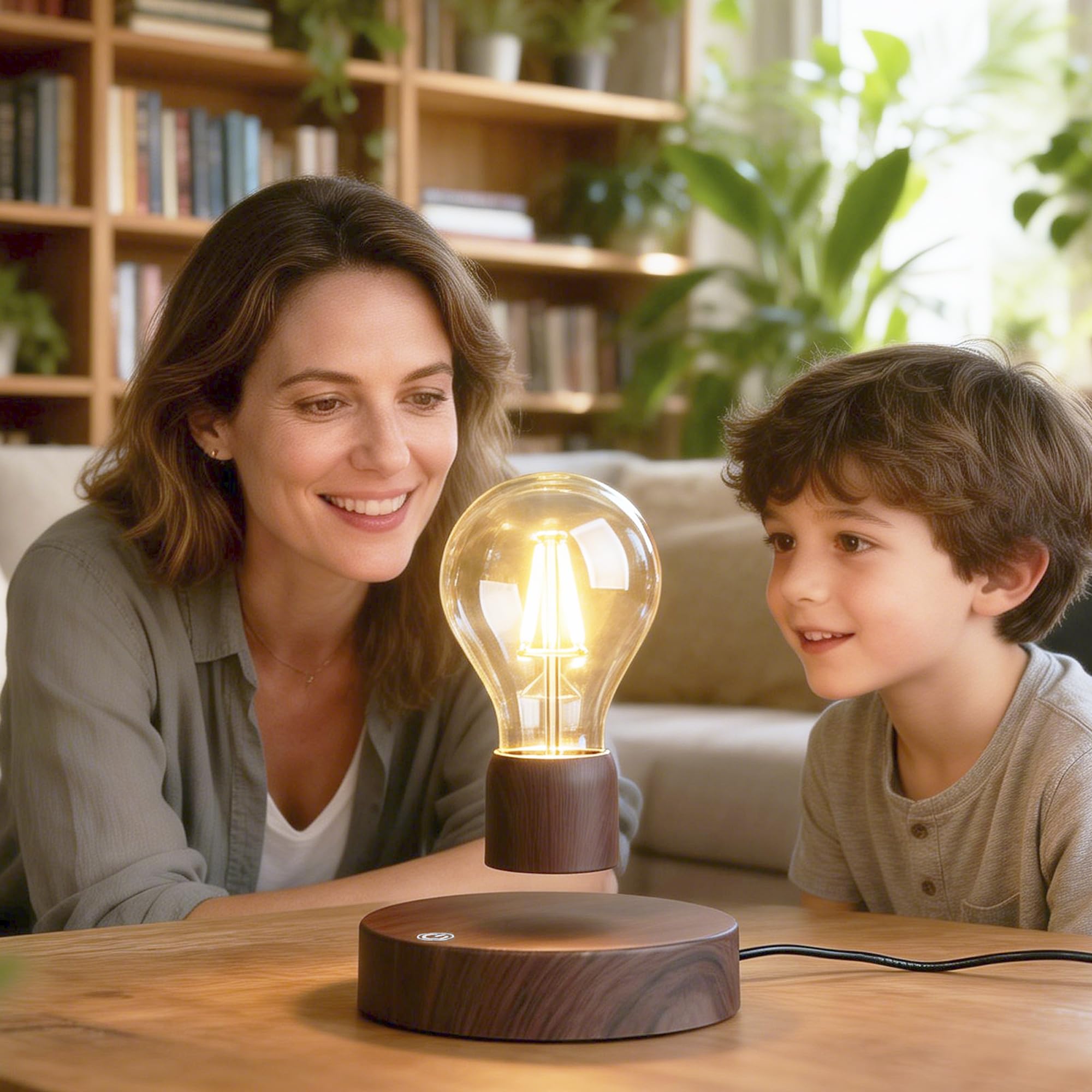 Magnetic Levitating Floating Wireless LED Light Bulb Desk Lamp for Unique Gifts, Room Decor, Night Light, Home Office Decor Desk Tech Toys (Round Wooden Base..)