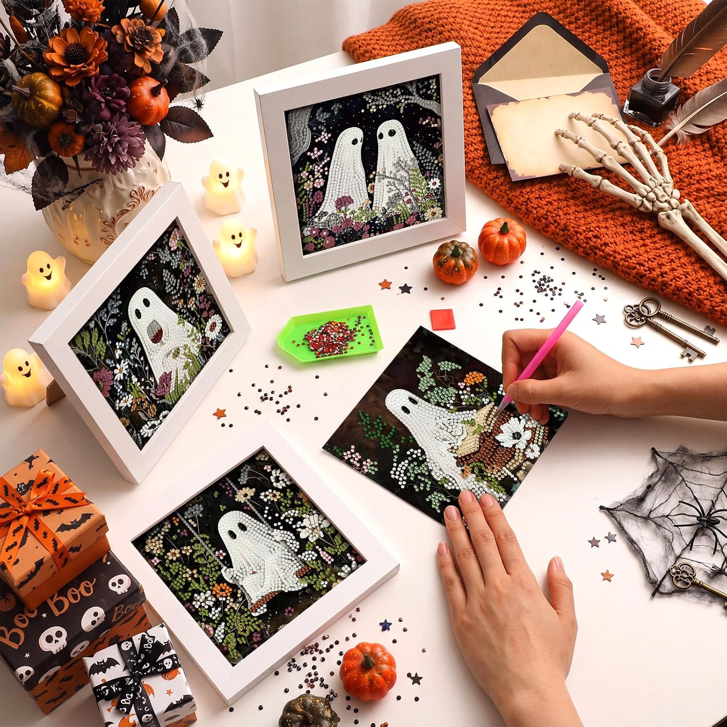 Geyoga 4 Pcs Halloween Diamond Painting Kits with Frame 7 x 7 Inch
