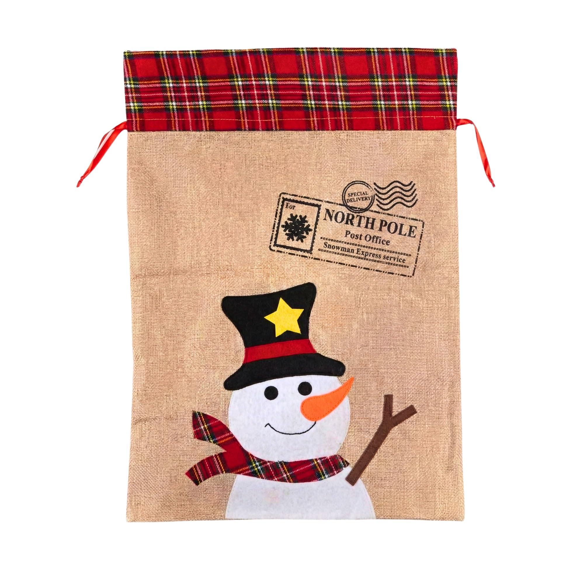 Shatchi Snowman Large Santa Sack 70X50cm, Burlap Hessian Linen Christmas Bag, Reusable Xmas Sack For Kids, Toy Storage, Festive Home Decorations And Christmas Morning Surprises