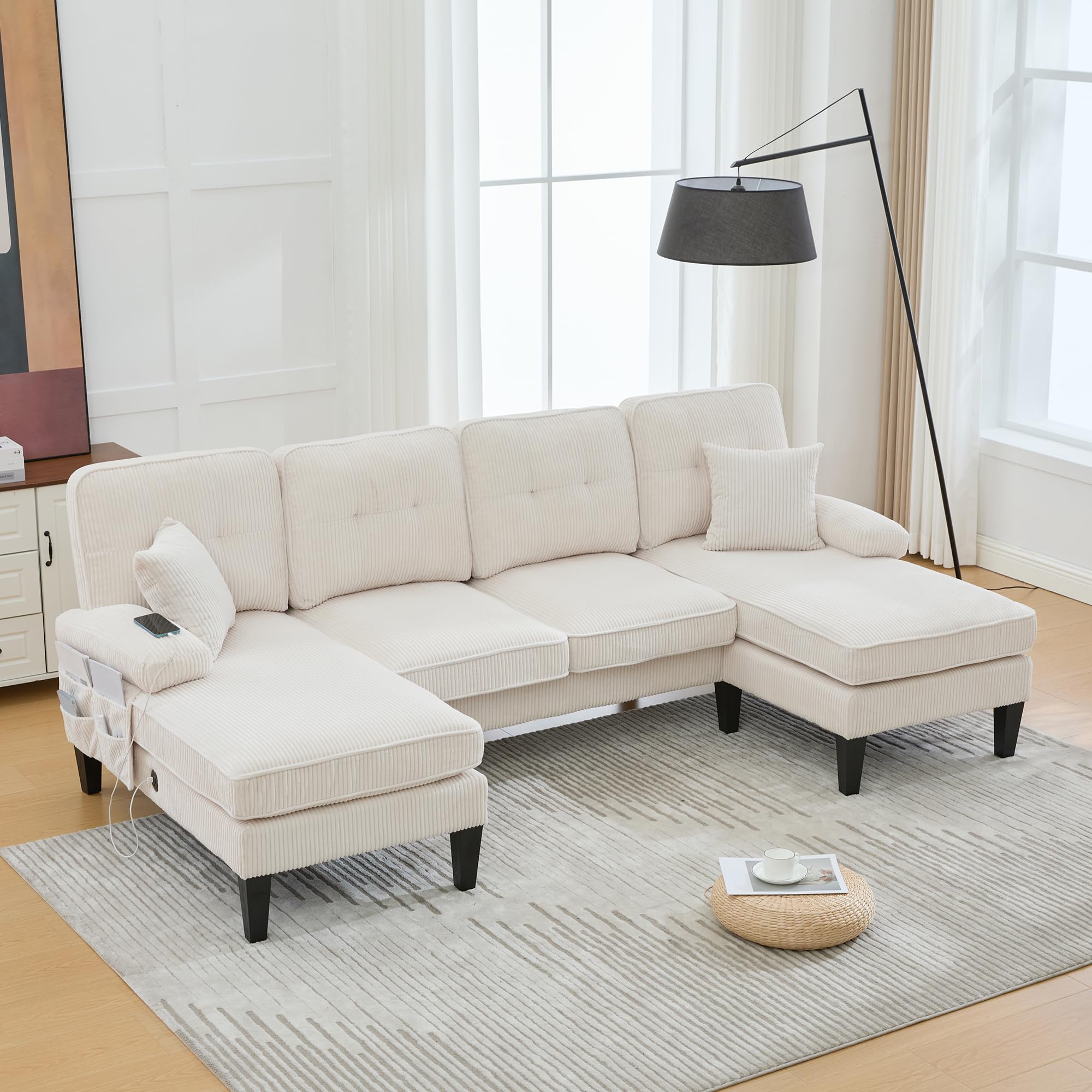 Canapé d'angle Convertible, Canapé 4 Places avec Méridiennes, Porte-Gobelets, Poches Latérales, Ports USB et Type-C, Tissu en Coton Lin, Canape en U pour Salon, Appartement