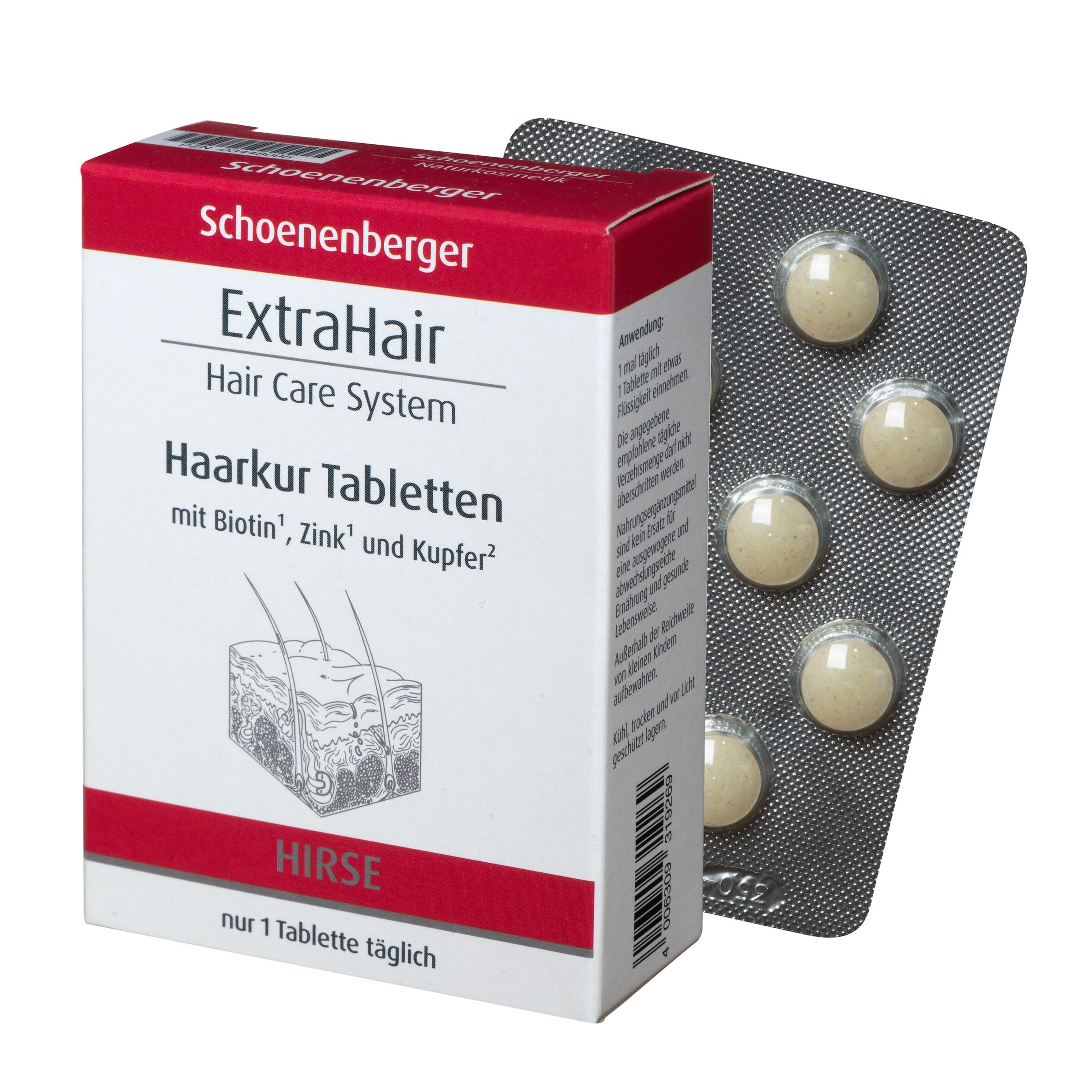 ExtraHair Haarkur Tabletten – Mit Biotin, Zink und Kupfer. Für schöne Haare1, Haut2 und Nägel3 – Einzigartig mit Perlhirse-Extrakt und L-Cystein – Monatspackung, 30 Tabl.