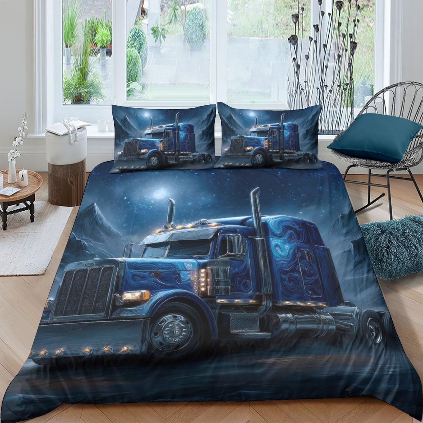 Ctjqhvkz Style-9 3D Printed Truck Night Scene Fitted Sheet Microfiber Soft Bed Cover For Bedroom Dorm Guest Room Decor Single（135X200cm）