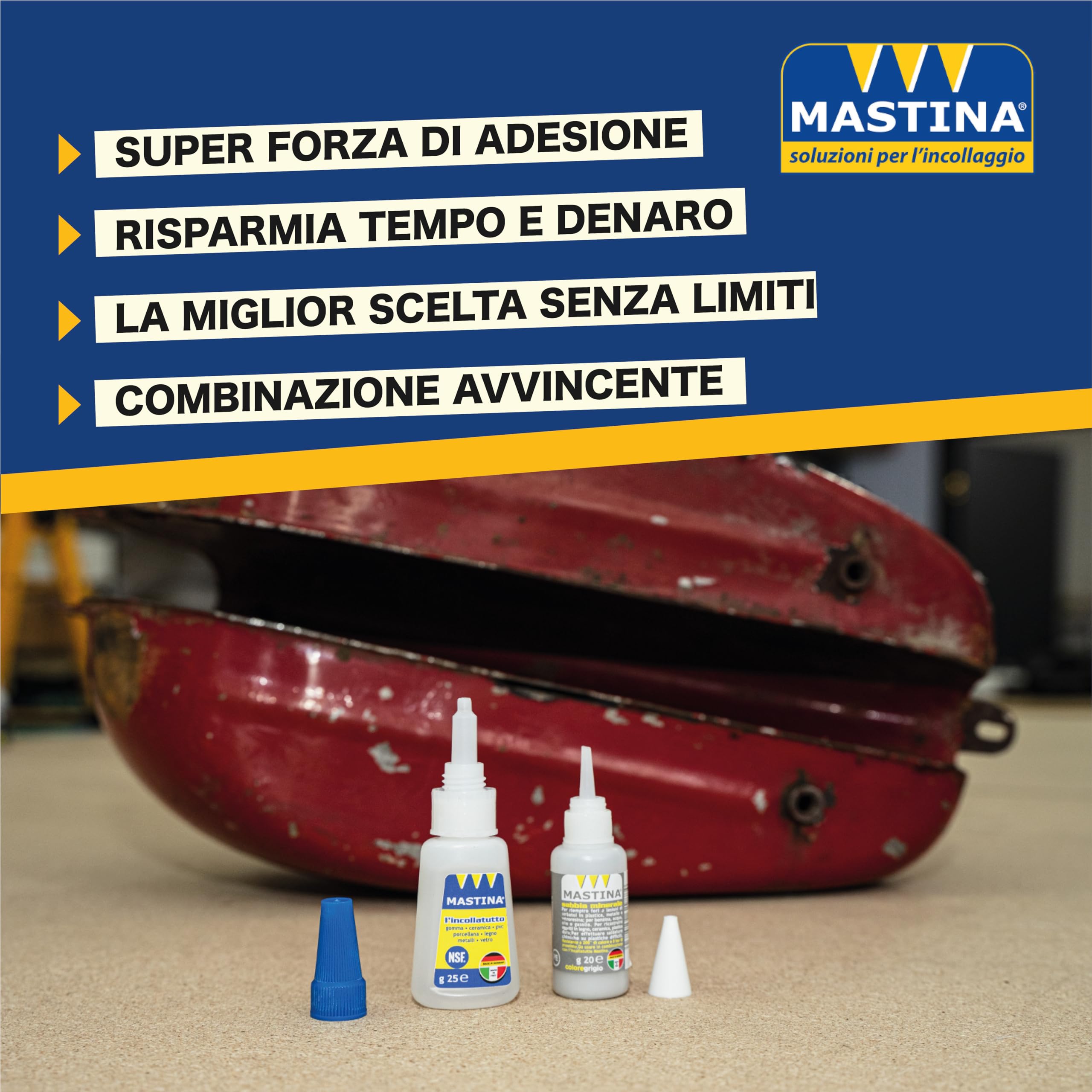 Mastina, Kit Completo di Riparazione con Boccetta Maxi Incollatutto 25g + 3 Sabbie Minerali da 20g (Bianca, Grigia, Nera) + 5 beccucci di precisione