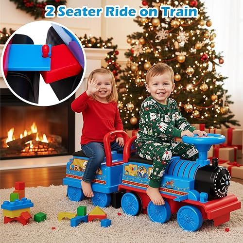 Vista 11 de OLAKIDS Tren de paseo para niños con pista, juguete eléctrico de 6 V con luces y sonidos, reposapiés retráctil, almacenamiento debajo del asiento